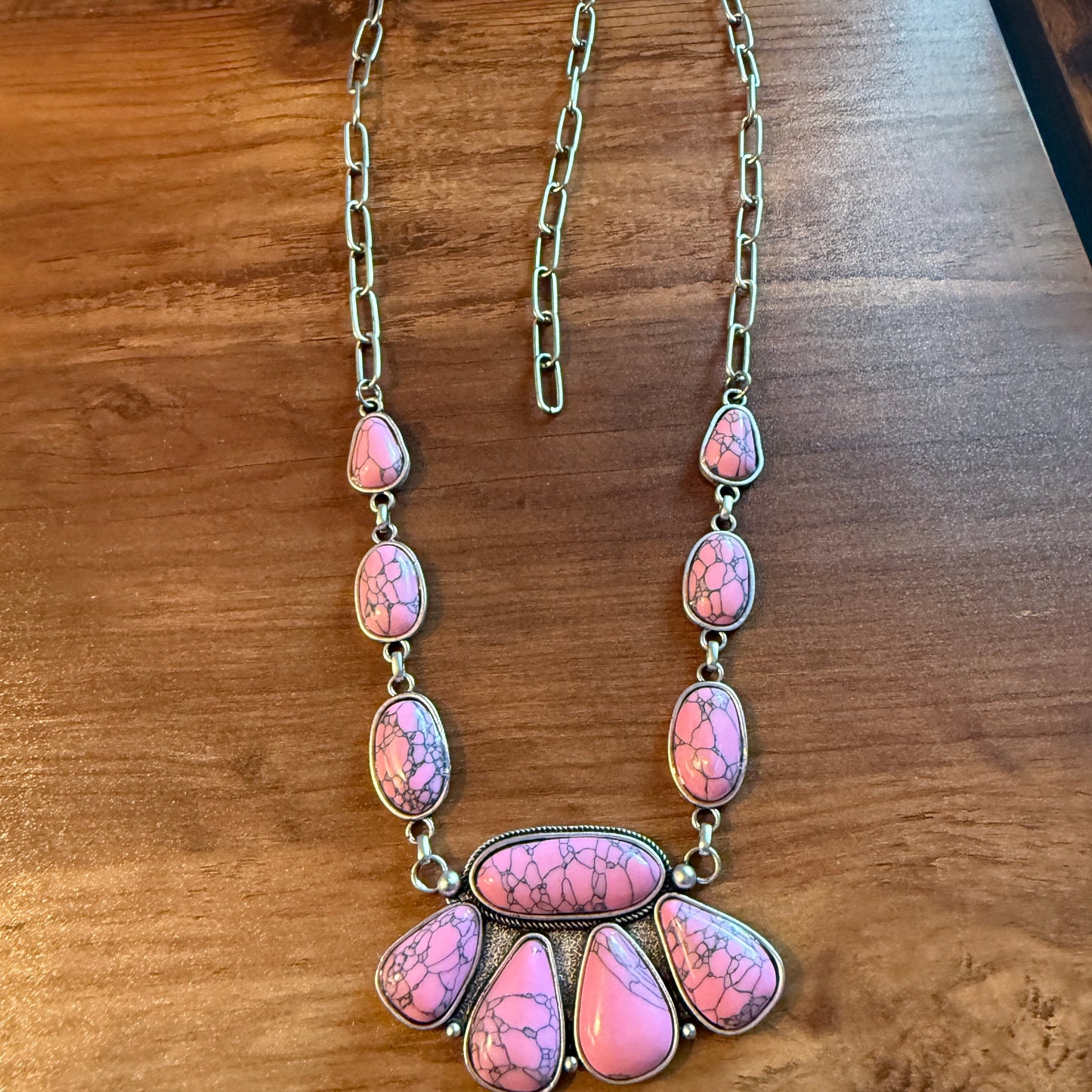 Handcrafted Boho Faux Light Pink Stone Animal Claw Necklace On Silver Chain 29 Inches