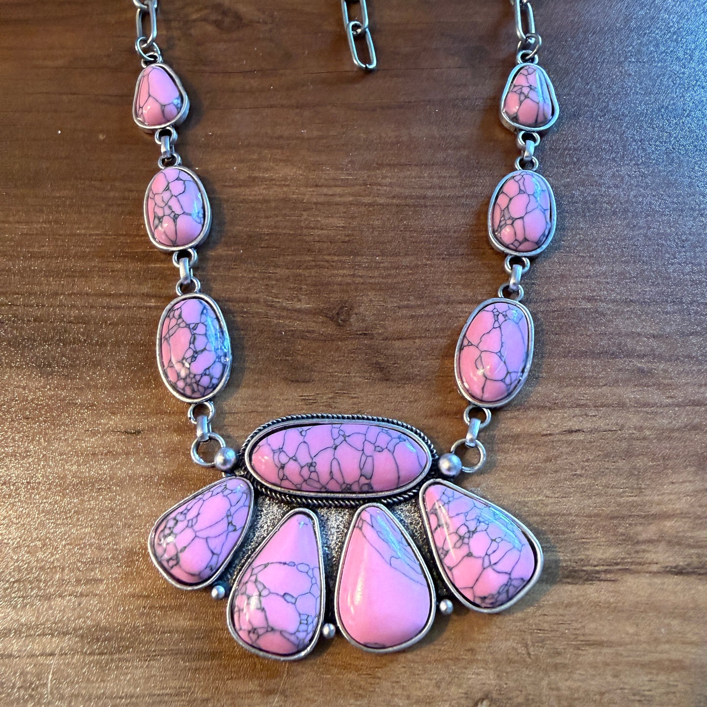 Handcrafted Boho Faux Light Pink Stone Animal Claw Necklace On Silver Chain 29 Inches