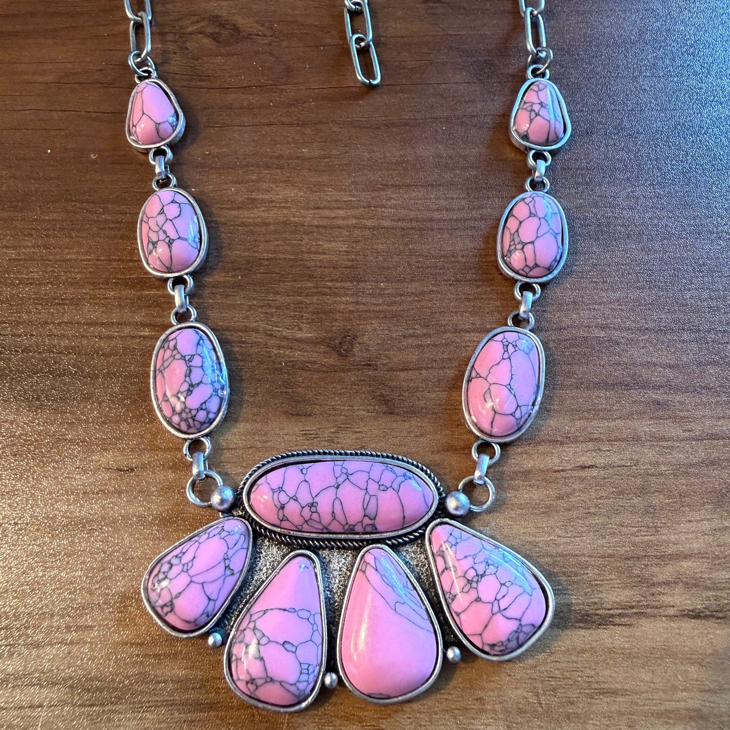 Handcrafted Boho Faux Light Pink Stone Animal Claw Necklace On Silver Chain 29 Inches