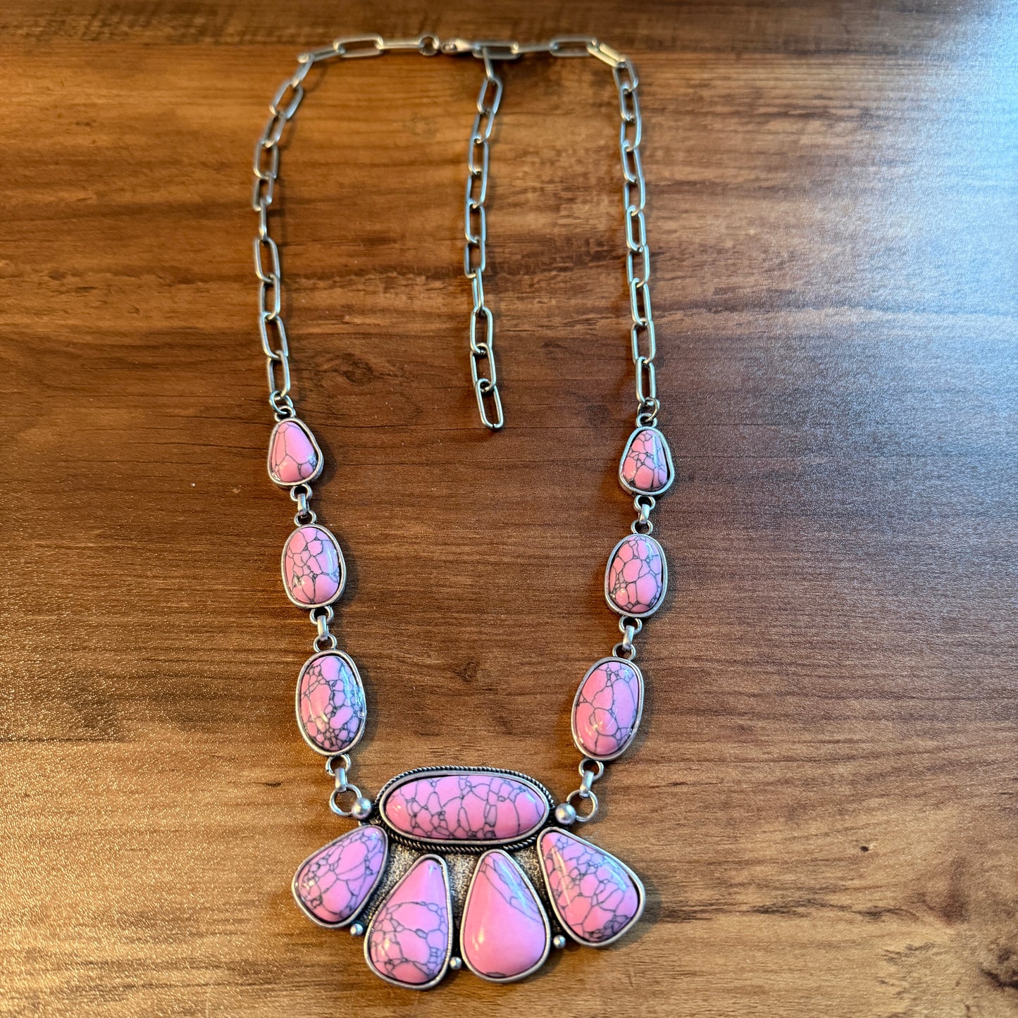 Handcrafted Boho Faux Light Pink Stone Animal Claw Necklace On Silver Chain 29 Inches