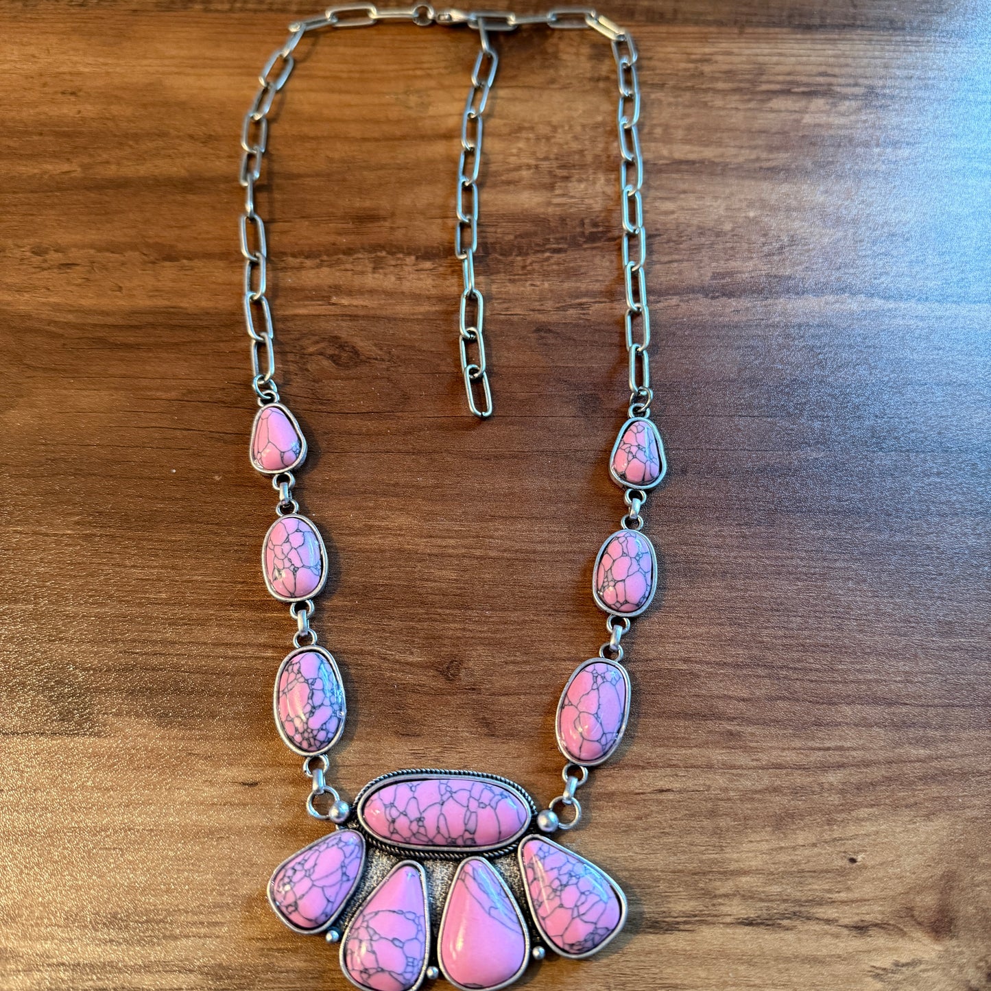 Handcrafted Boho Faux Light Pink Stone Animal Claw Necklace On Silver Chain 29 Inches