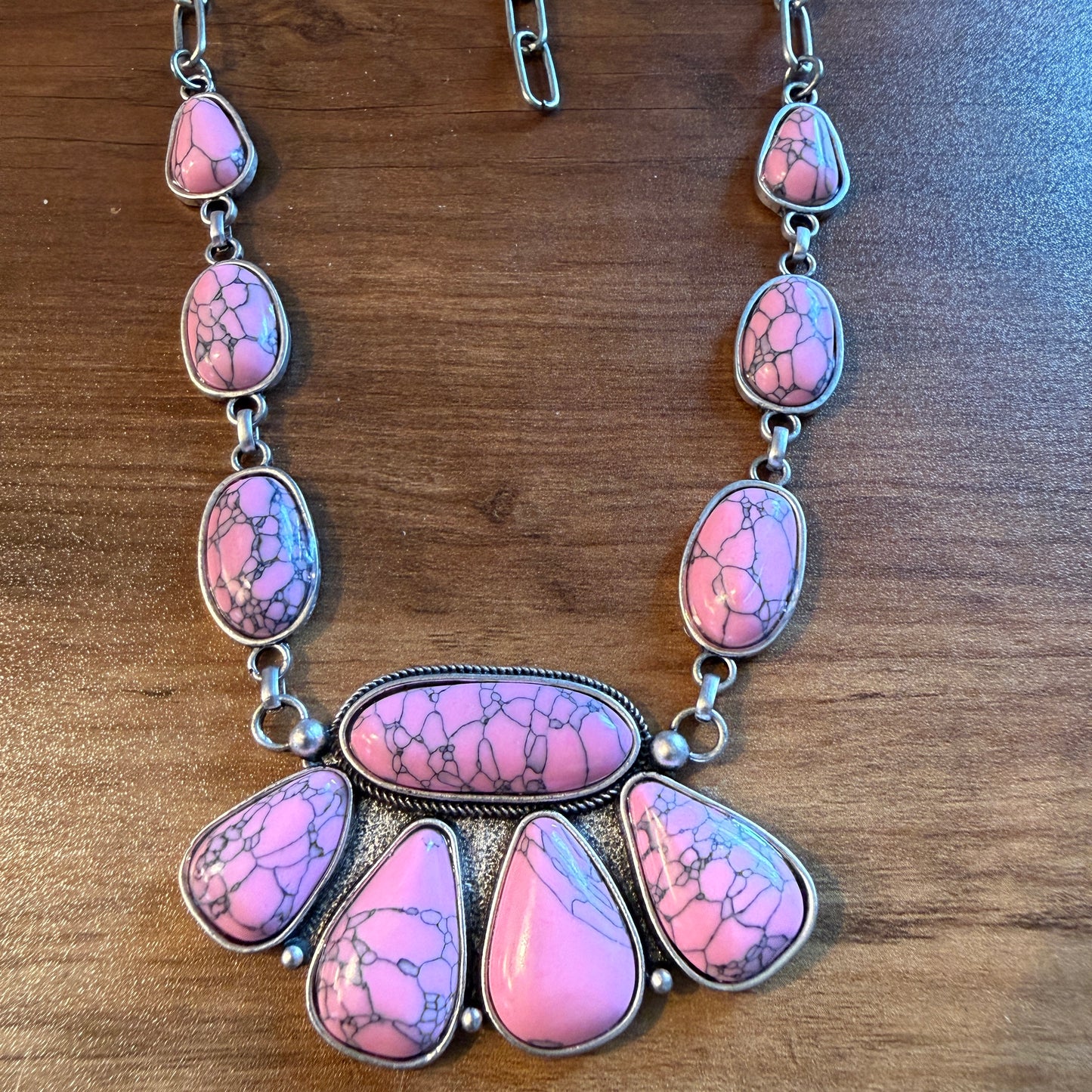 Handcrafted Boho Faux Light Pink Stone Animal Claw Necklace On Silver Chain 29 Inches