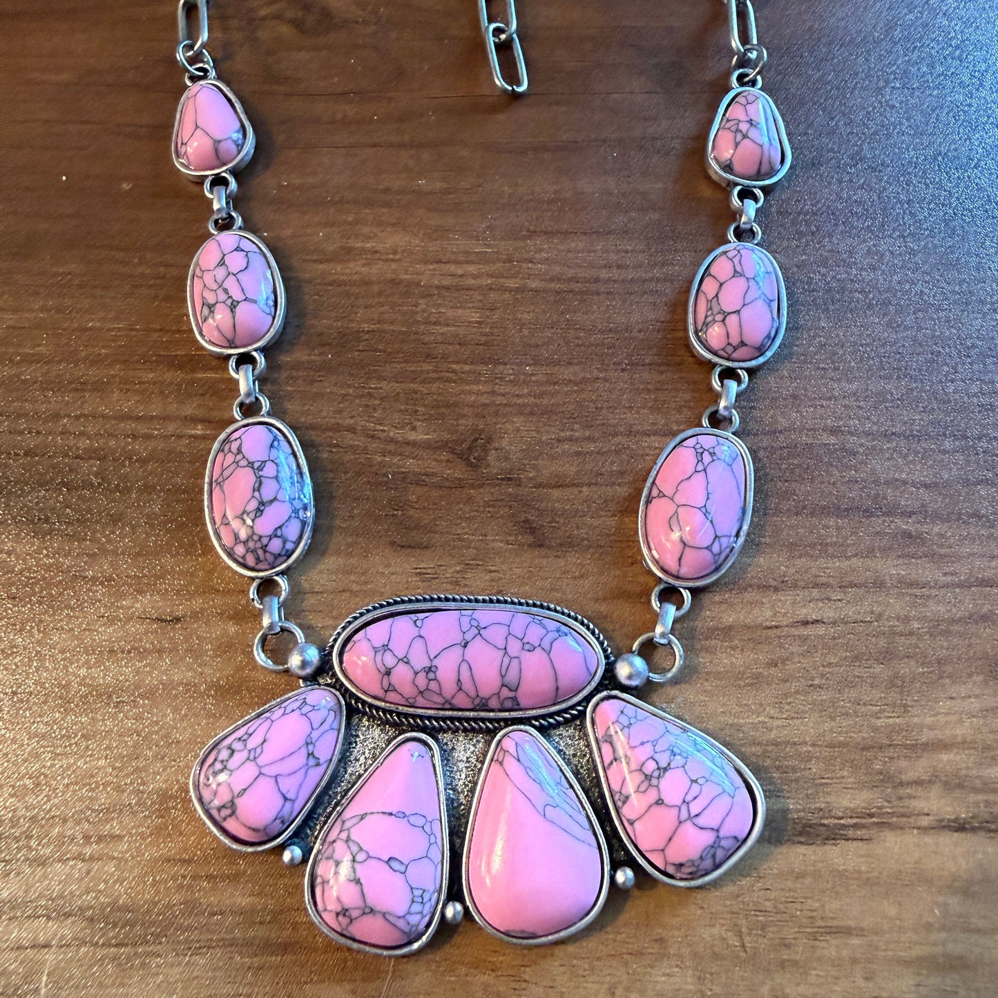 Handcrafted Boho Faux Light Pink Stone Animal Claw Necklace On Silver Chain 29 Inches