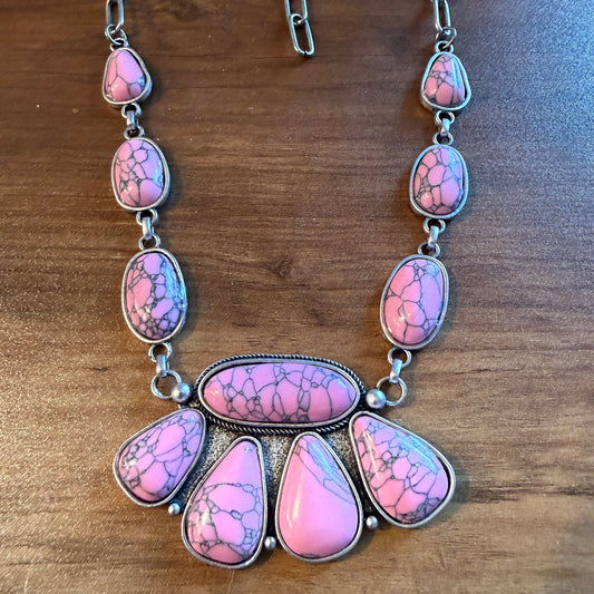 Handcrafted Boho Faux Light Pink Stone Animal Claw Necklace On Silver Chain 29 Inches