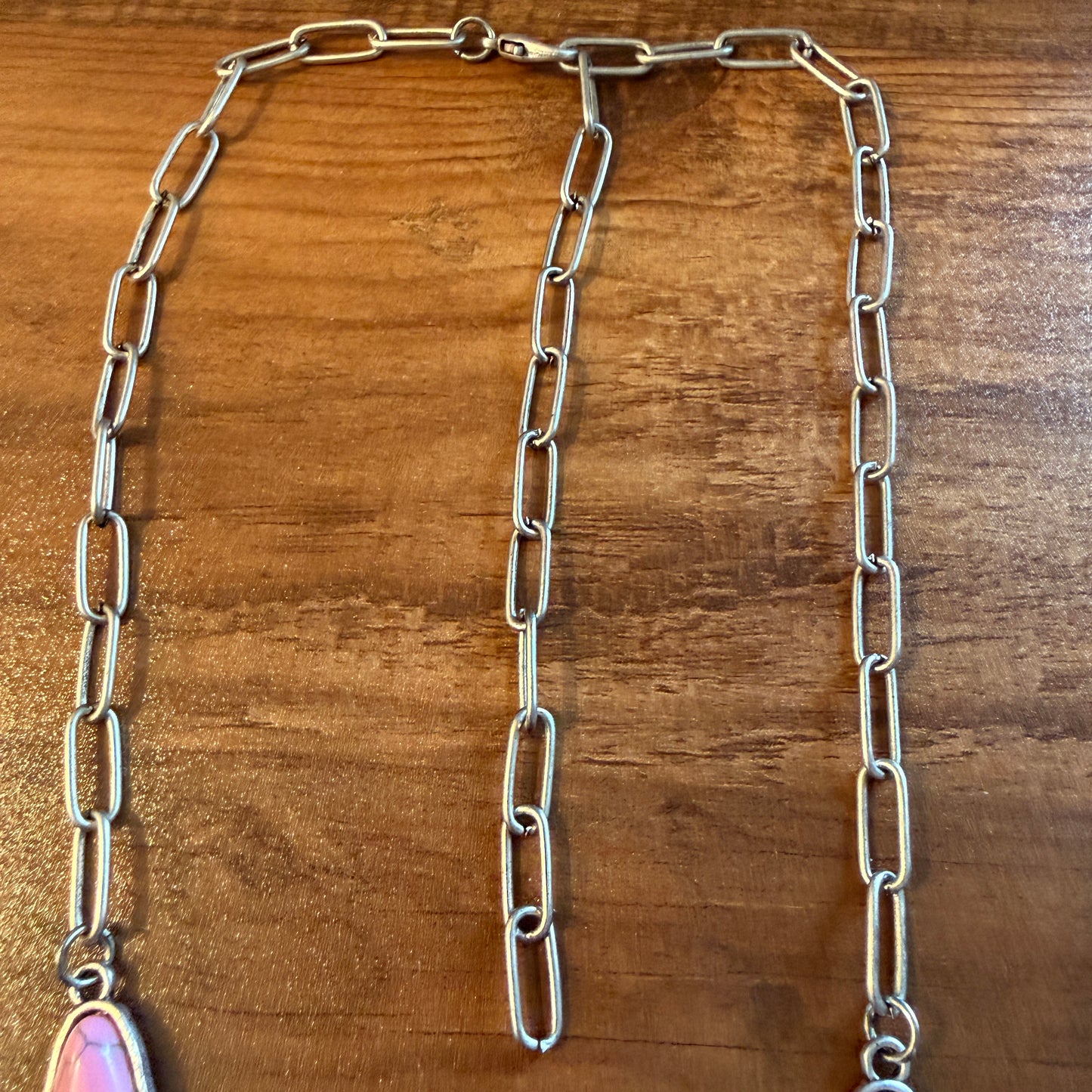 Handcrafted Boho Faux Light Pink Stone Animal Claw Necklace On Silver Chain 29 Inches