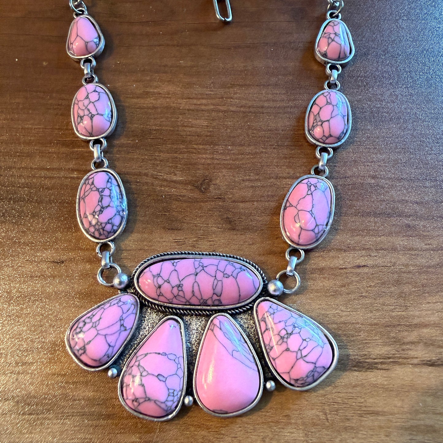 Handcrafted Boho Faux Light Pink Stone Animal Claw Necklace On Silver Chain 29 Inches
