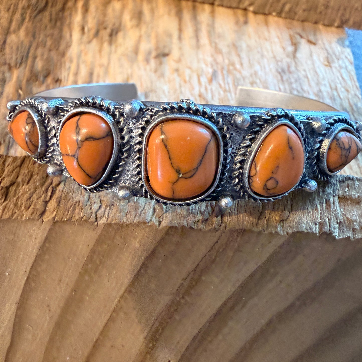 Navajo Style Orange Turquoise Stone Silver Metal Bangle Bracelet