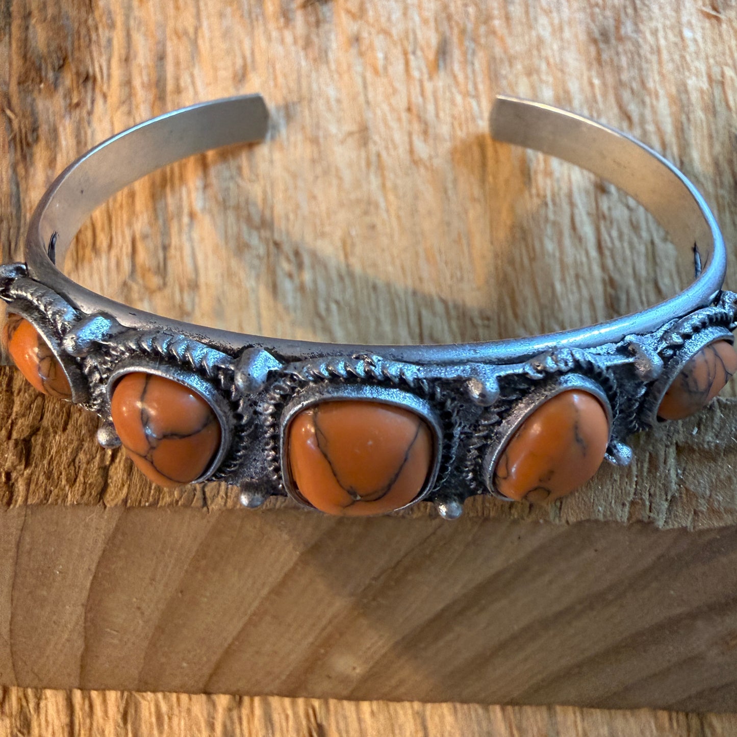 Navajo Style Orange Turquoise Stone Silver Metal Bangle Bracelet