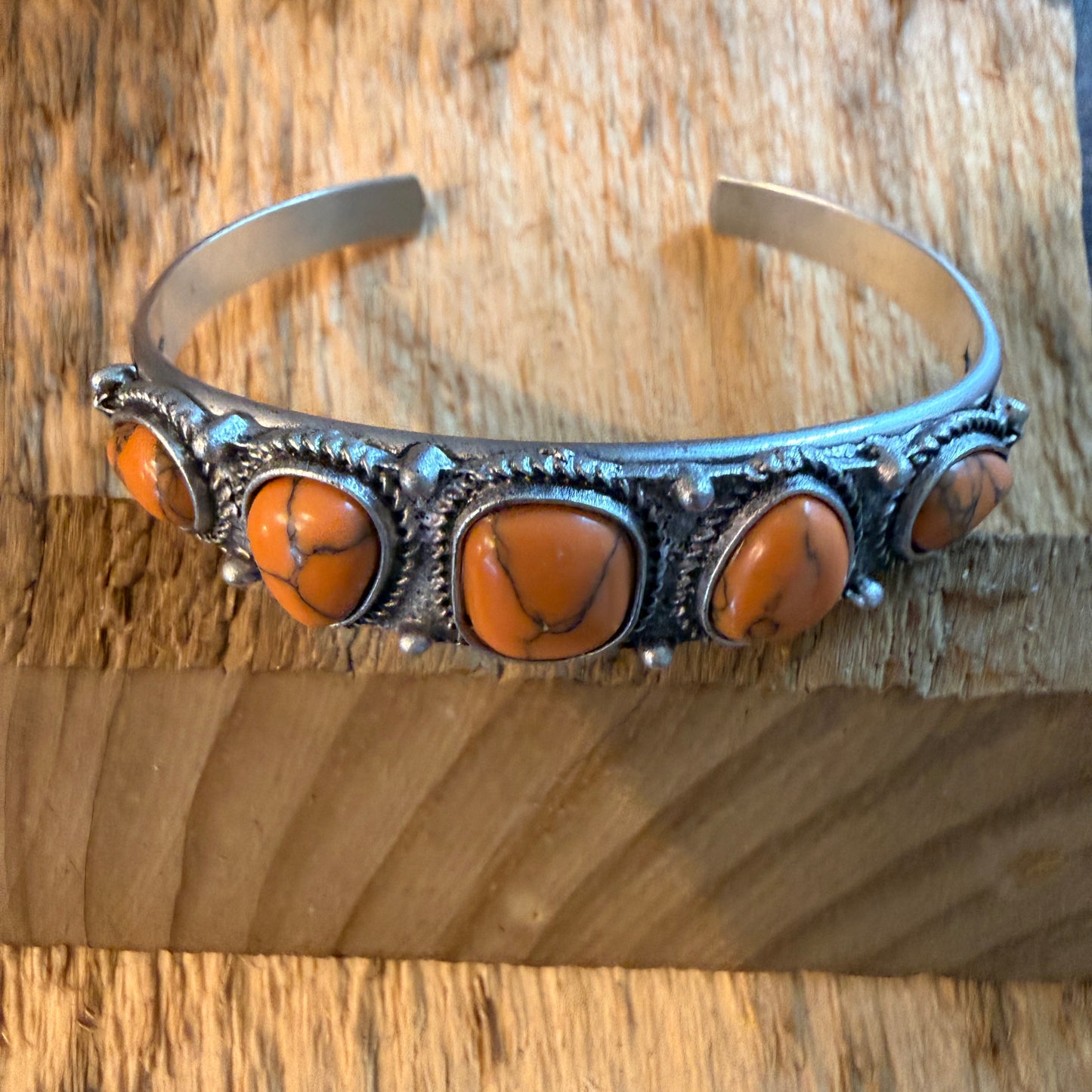 Navajo Style Orange Turquoise Stone Silver Metal Bangle Bracelet