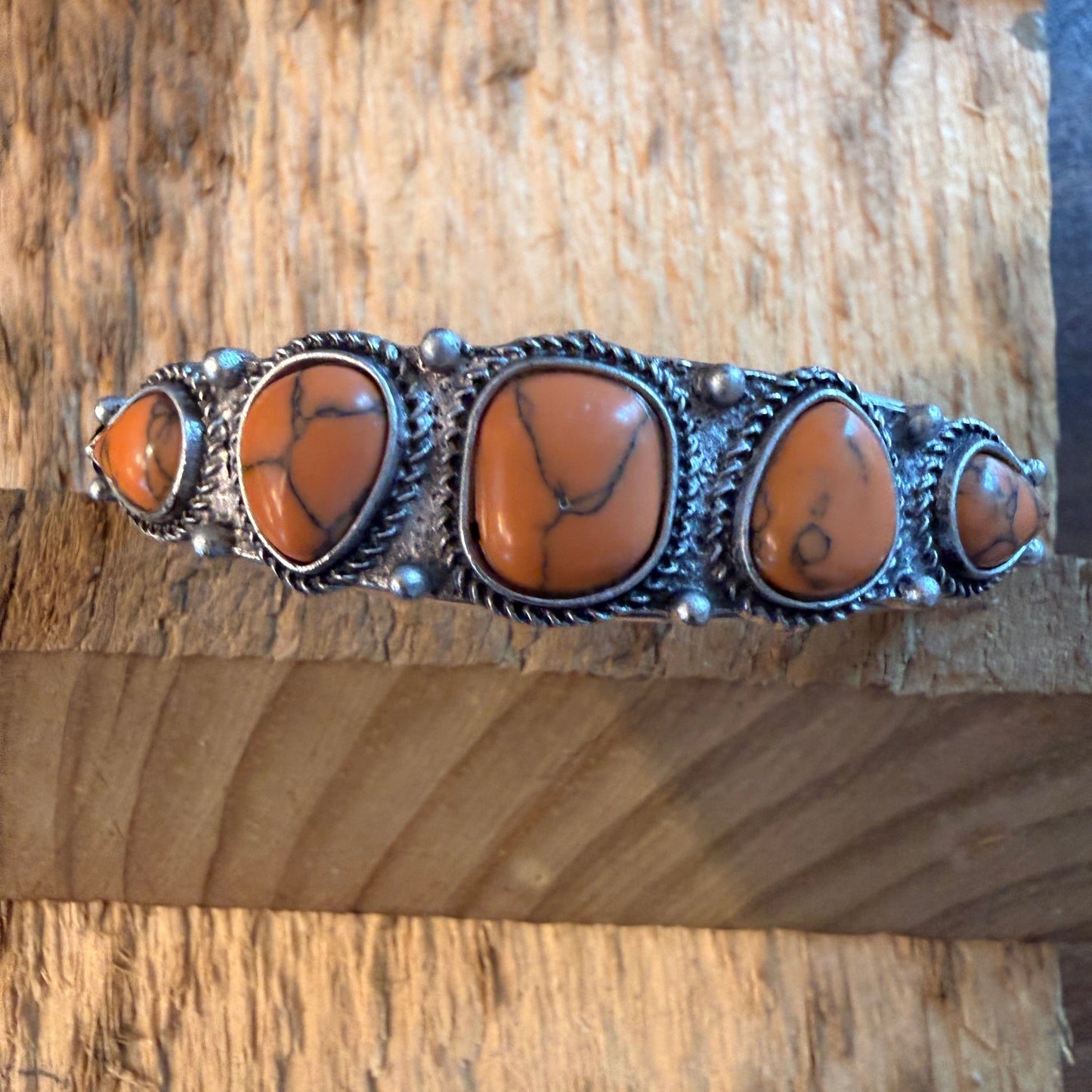 Navajo Style Orange Turquoise Stone Silver Metal Bangle Bracelet