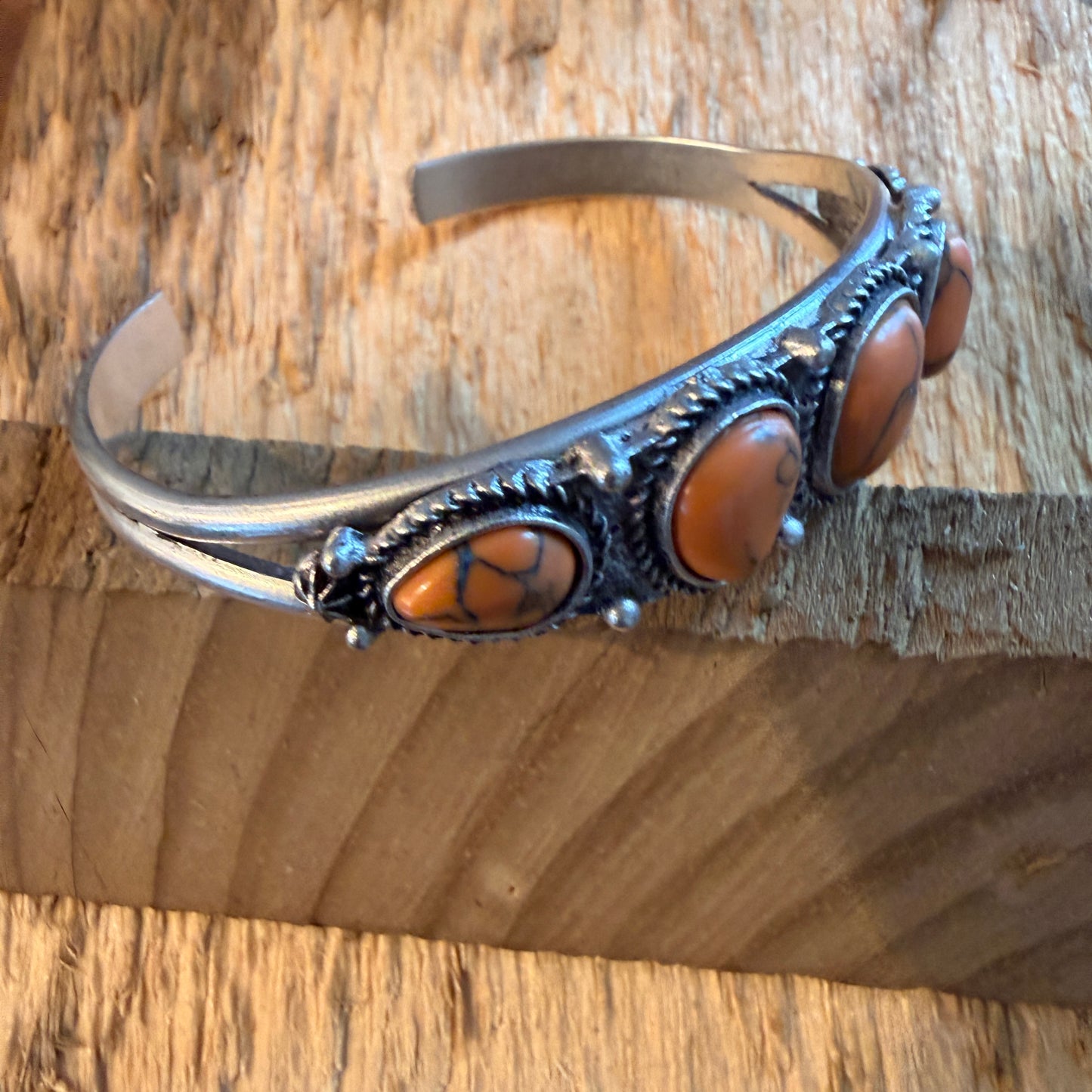 Navajo Style Orange Turquoise Stone Silver Metal Bangle Bracelet