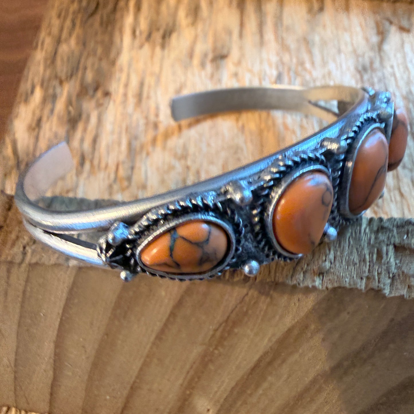 Navajo Style Orange Turquoise Stone Silver Metal Bangle Bracelet
