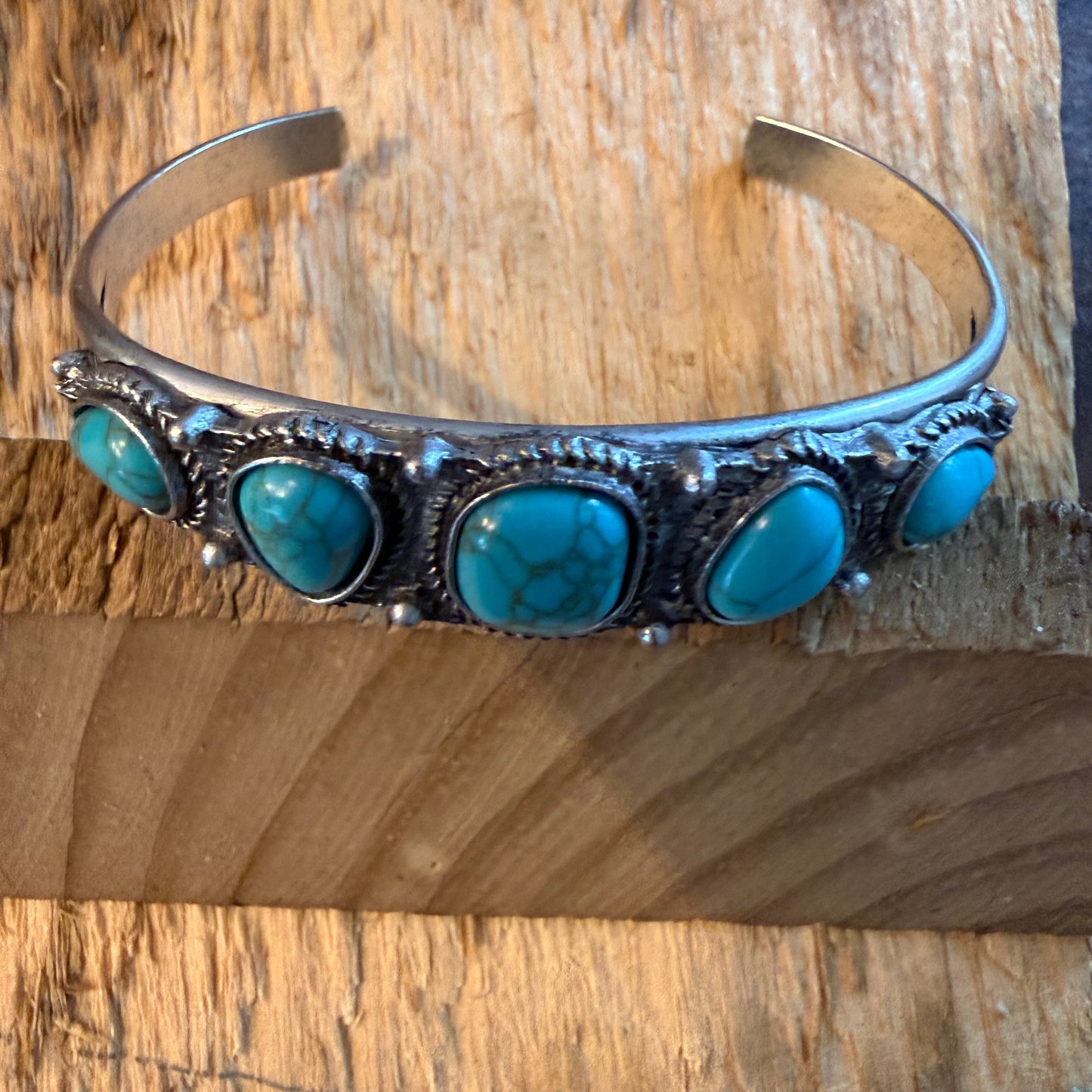 Navajo Style Silver Metal Bangle With Blue Turquoise Stone