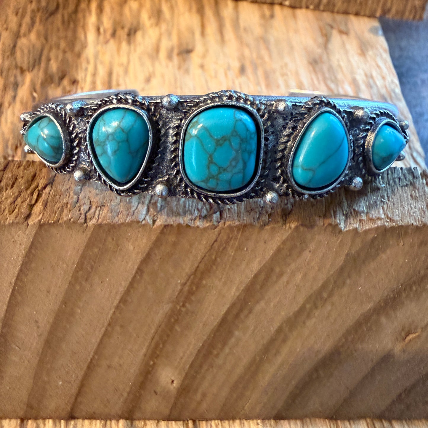 Navajo Style Silver Metal Bangle With Blue Turquoise Stone