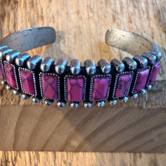 Handcrafted Boho Hot Pink Turquoise Stone Silver Metal Bangle Bracelet