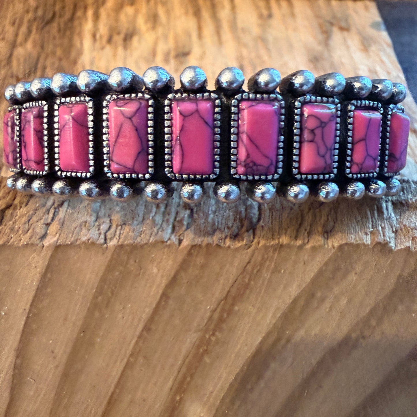Handcrafted Boho Hot Pink Turquoise Stone Silver Metal Bangle Bracelet