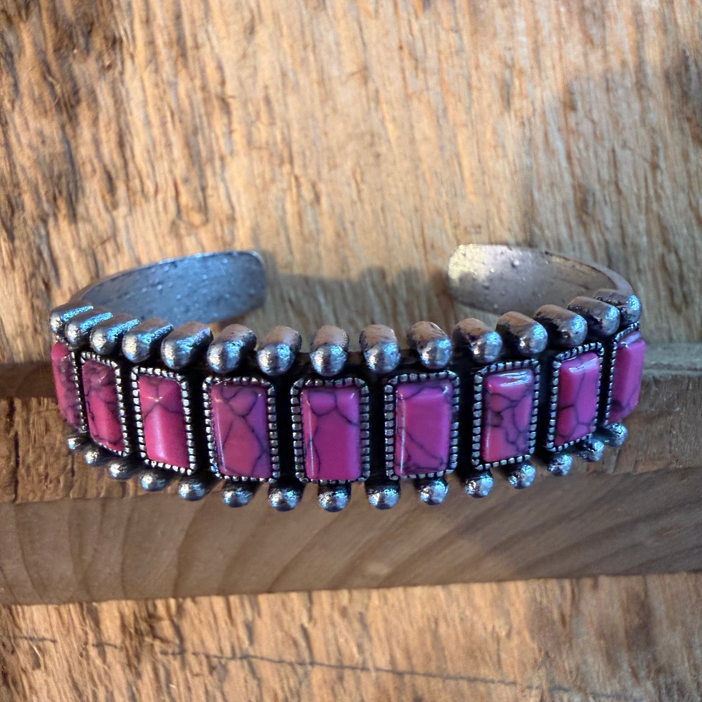 Handcrafted Boho Hot Pink Turquoise Stone Silver Metal Bangle Bracelet