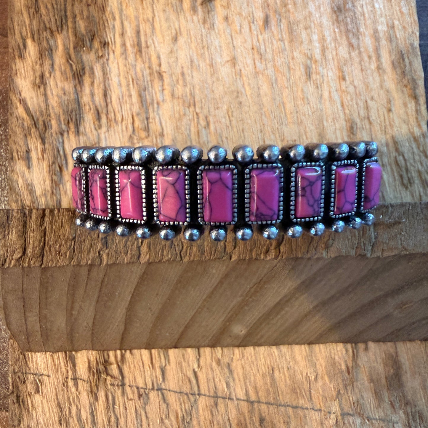 Handcrafted Boho Hot Pink Turquoise Stone Silver Metal Bangle Bracelet