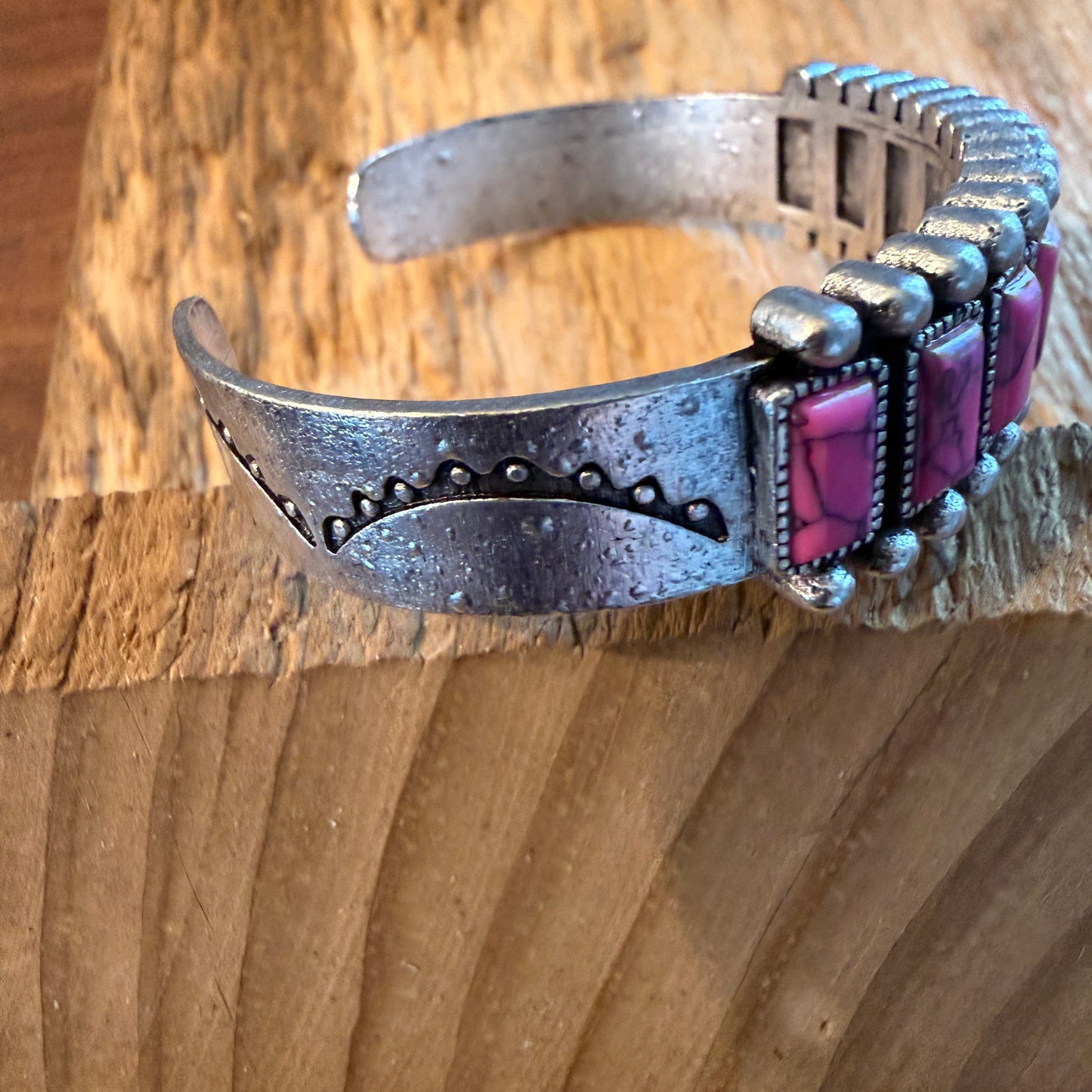 Handcrafted Boho Hot Pink Turquoise Stone Silver Metal Bangle Bracelet