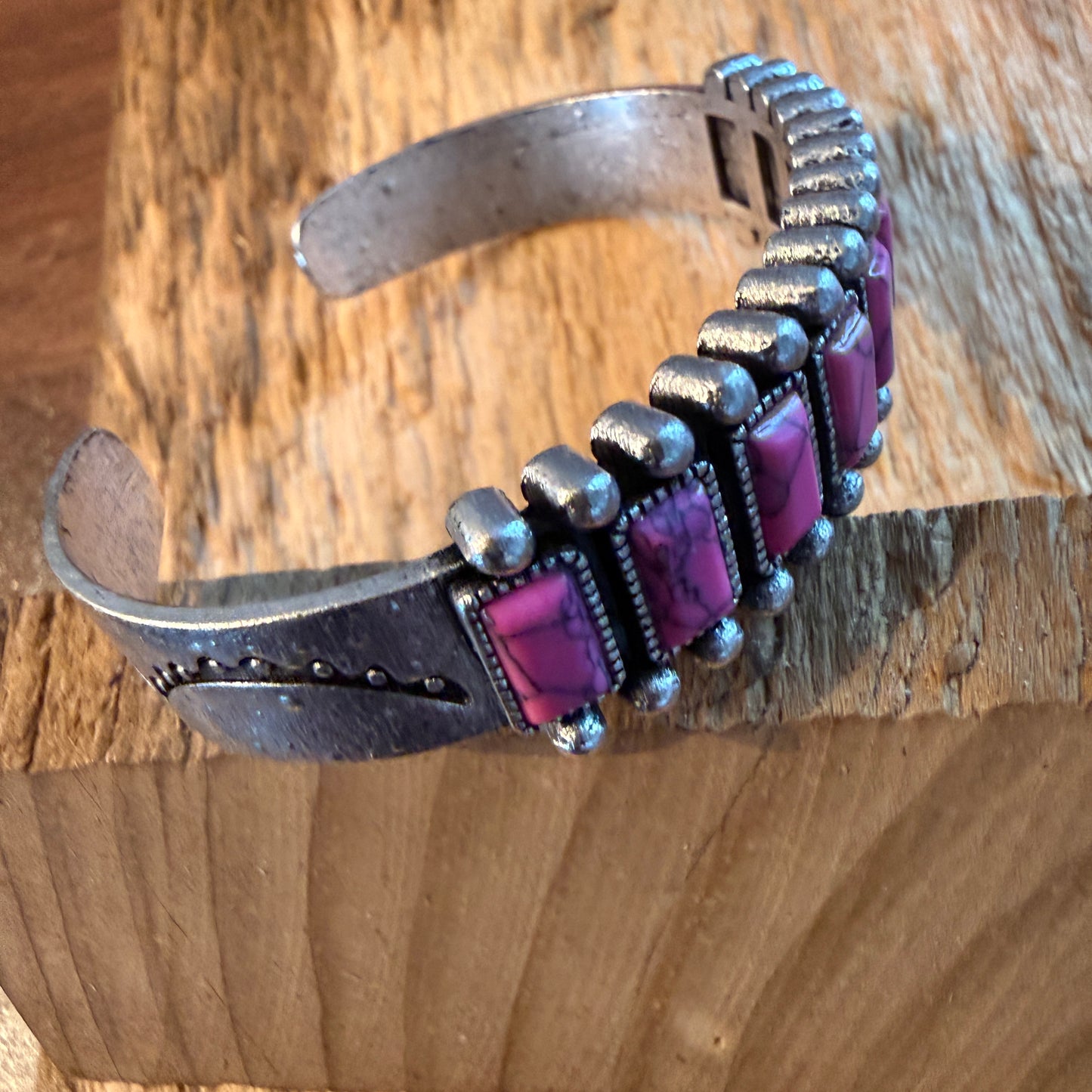 Handcrafted Boho Hot Pink Turquoise Stone Silver Metal Bangle Bracelet
