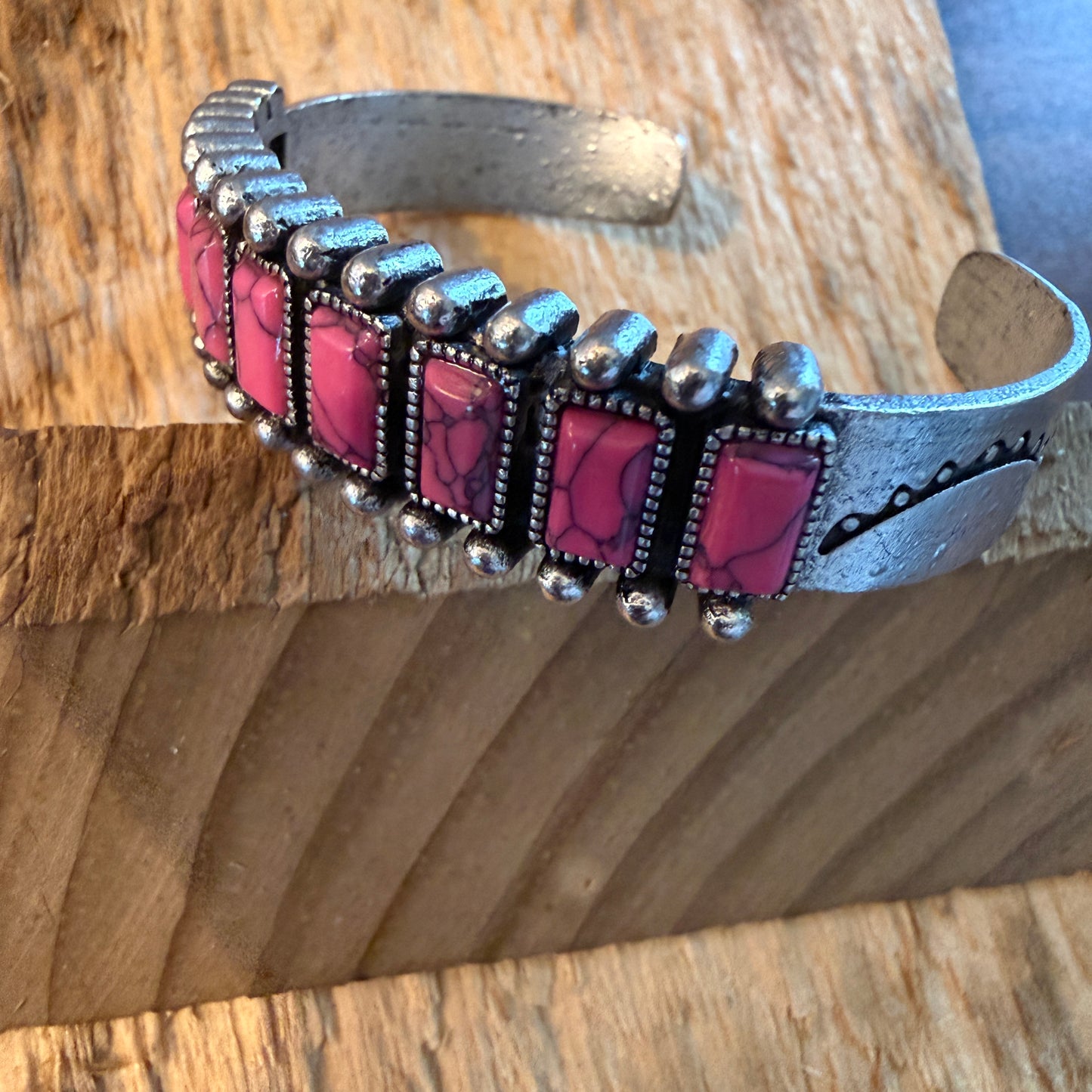 Handcrafted Boho Hot Pink Turquoise Stone Silver Metal Bangle Bracelet