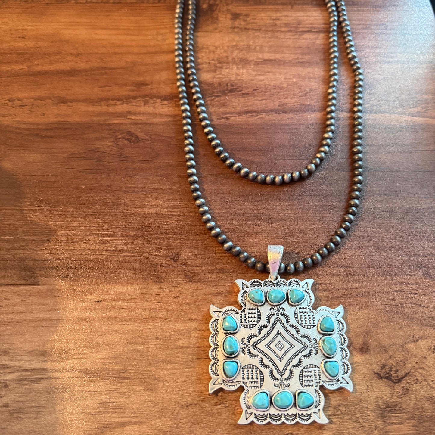 Aztec Turquoise Two Strand Necklace 24 Inch Handmade