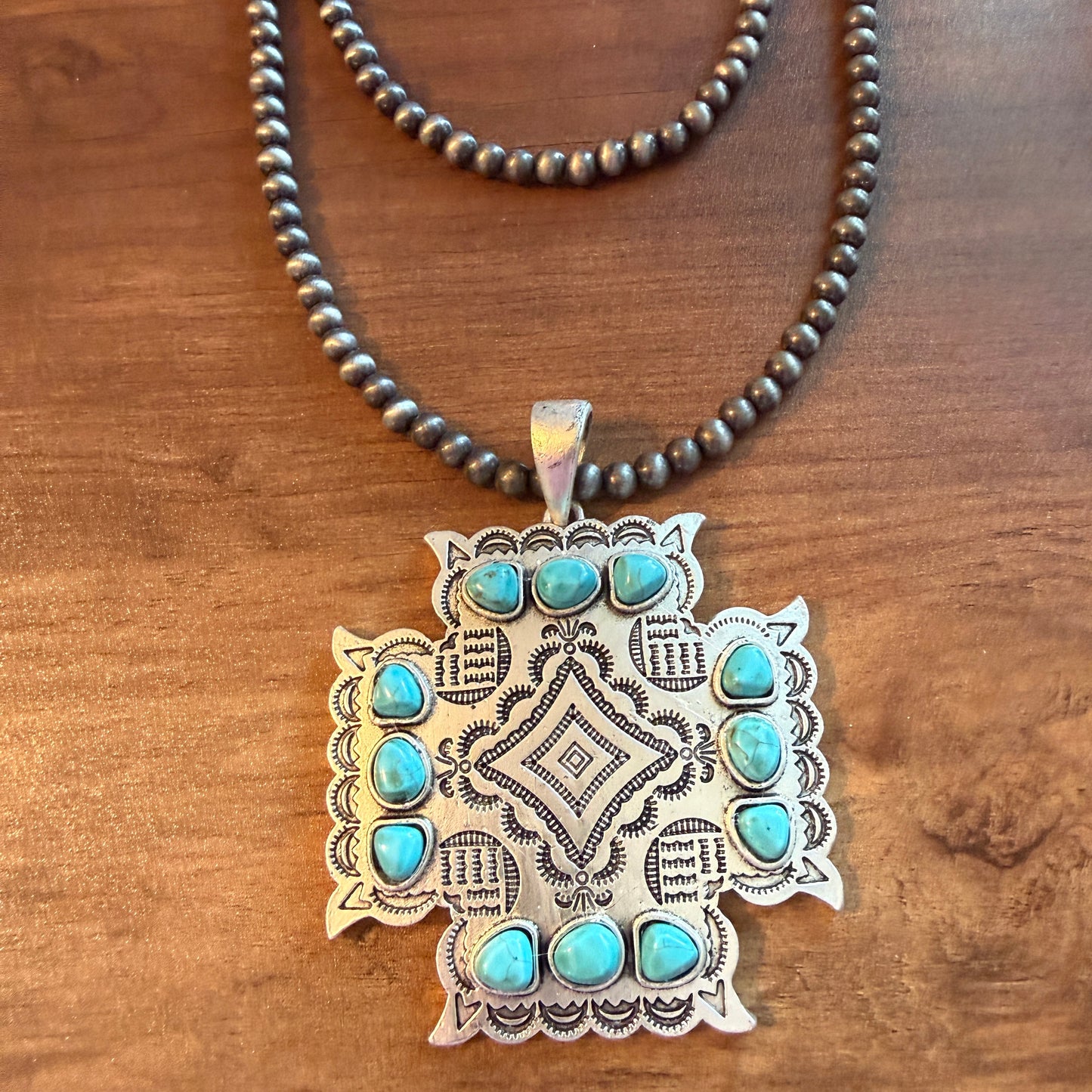 Aztec Turquoise Two Strand Necklace 24 Inch Handmade