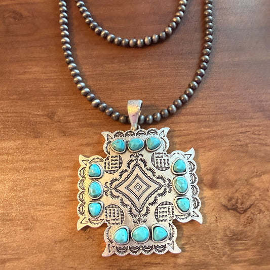 Aztec Turquoise Two Strand Necklace 24 Inch Handmade