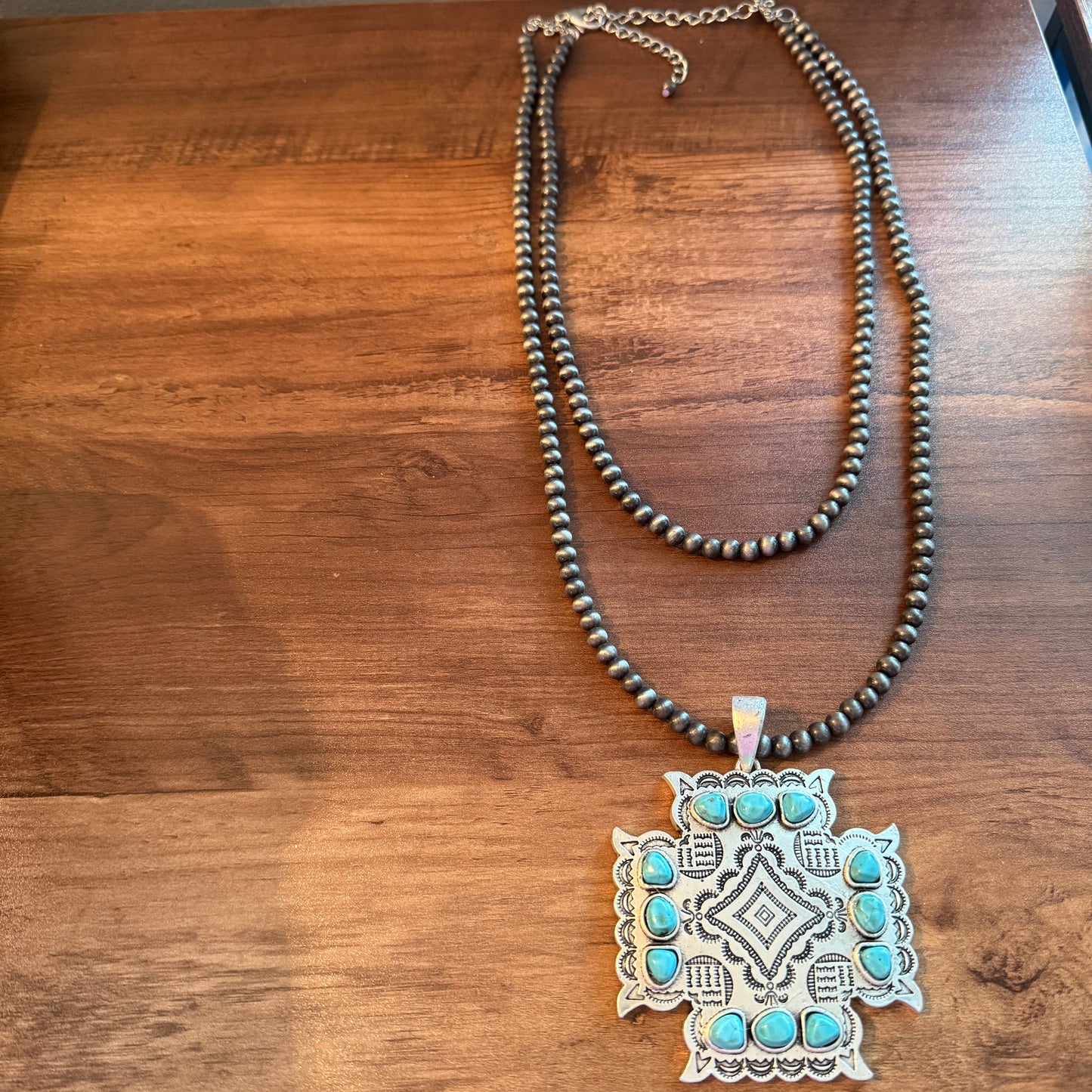 Aztec Turquoise Two Strand Necklace 24 Inch Handmade