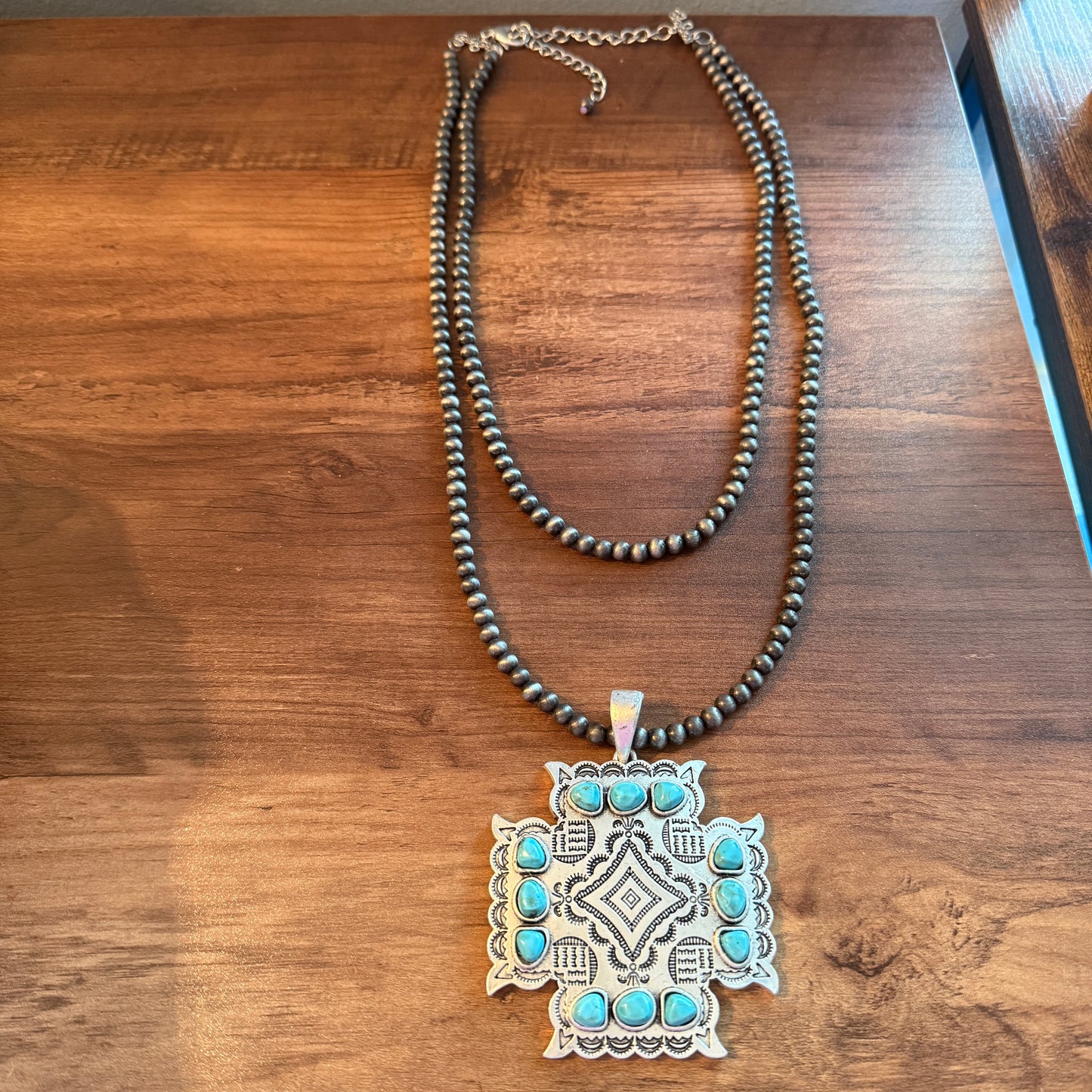 Aztec Turquoise Two Strand Necklace 24 Inch Handmade