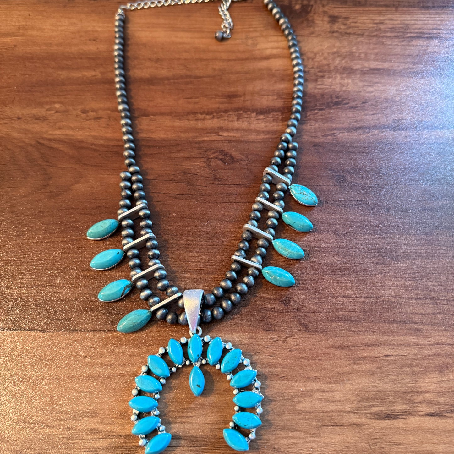 Squash Blossom Turquoise Necklace 18 to 23 Inch Extender