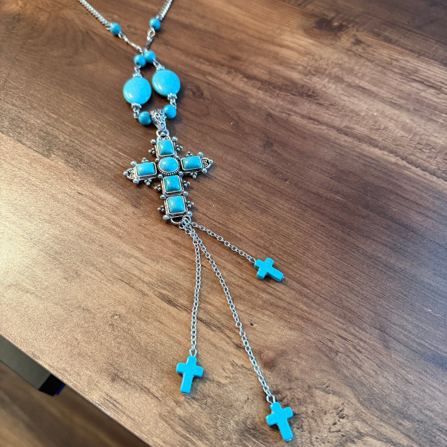 Turquoise Religion Cross Necklace With Tassel Extender 26 To 31 In