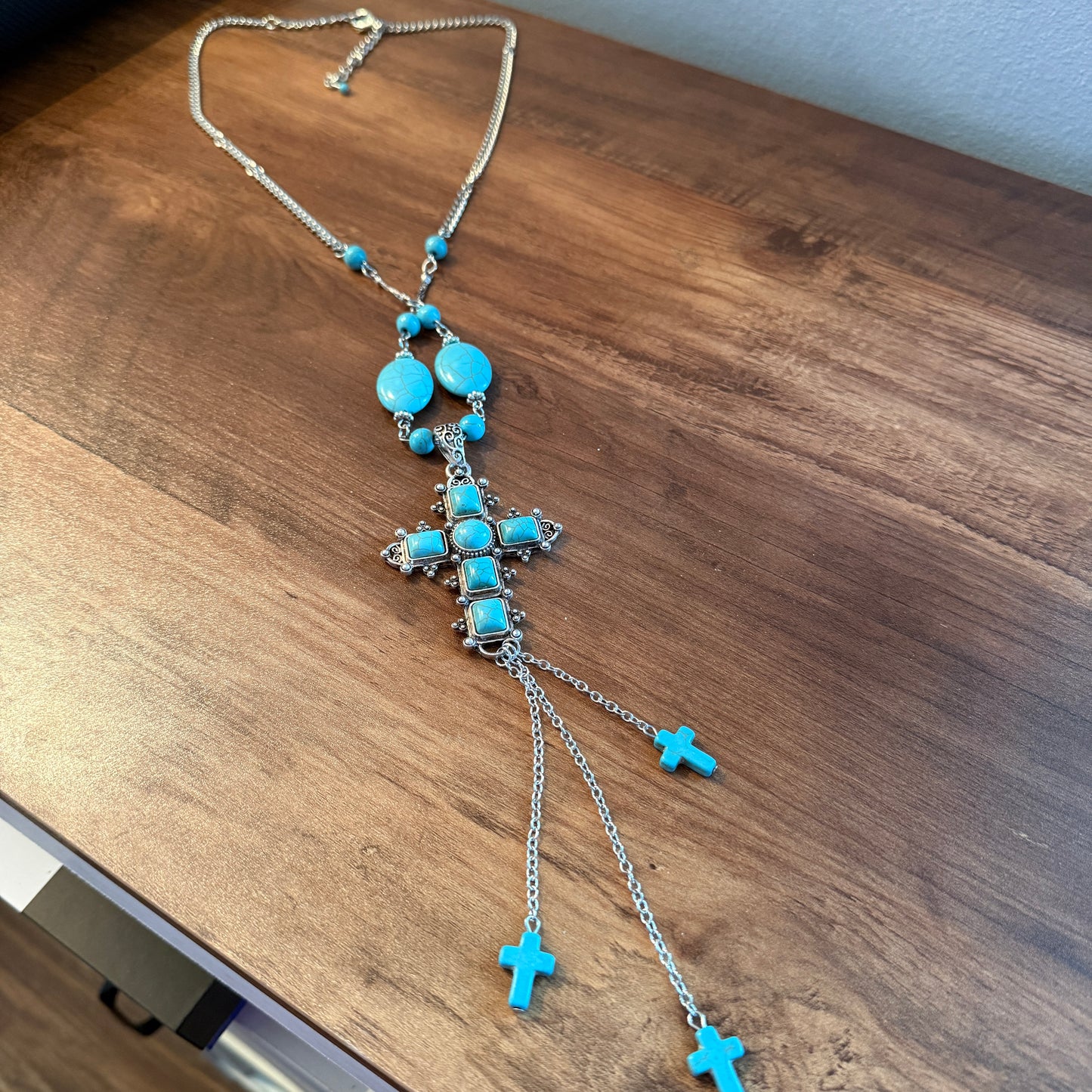 Turquoise Religion Cross Necklace With Tassel Extender 26 To 31 In
