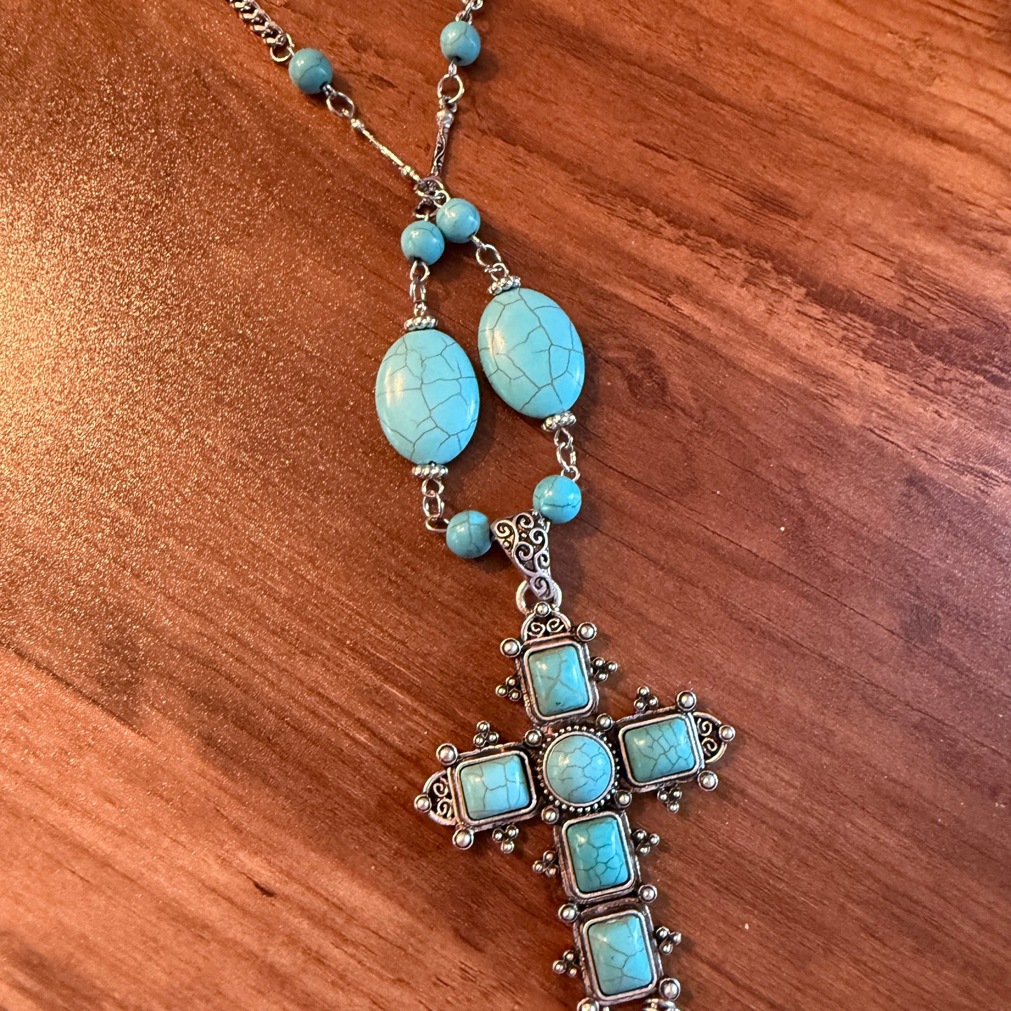 Turquoise Religion Cross Necklace With Tassel Extender 26 To 31 In