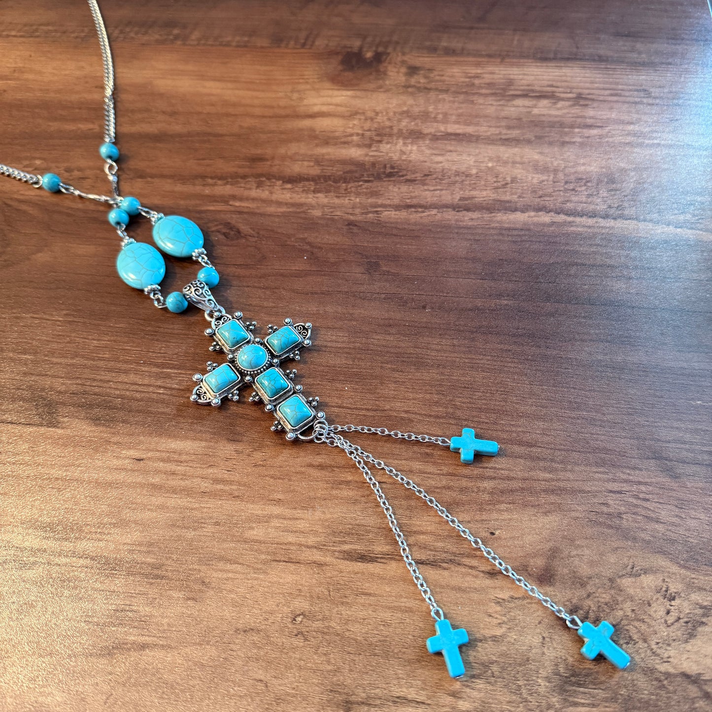 Turquoise Religion Cross Necklace With Tassel Extender 26 To 31 In