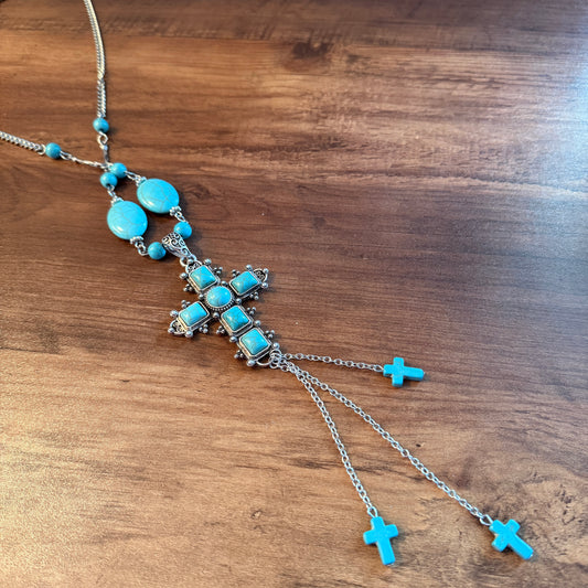 Turquoise Religion Cross Necklace With Tassel Extender 26 To 31 In