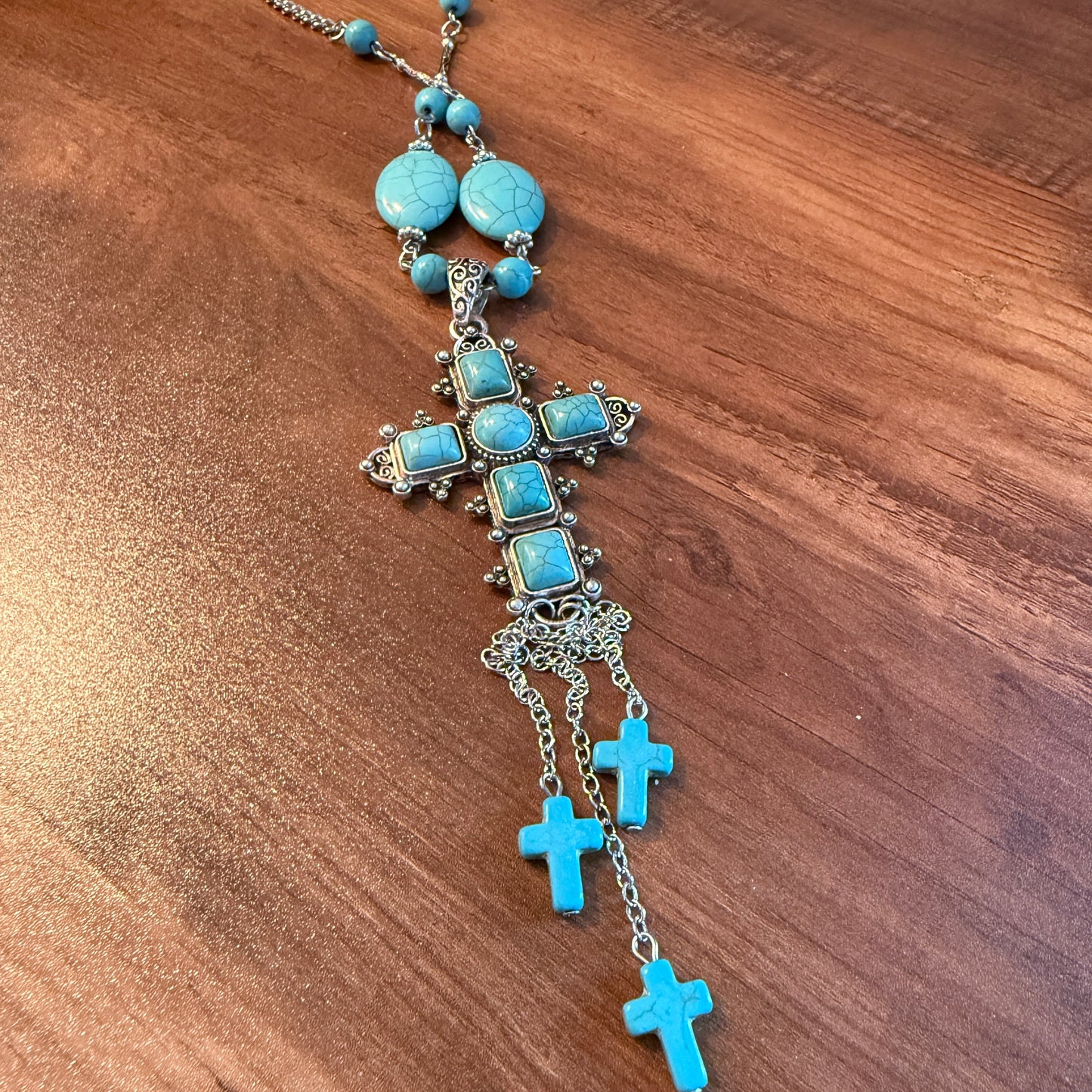 Turquoise Religion Cross Necklace With Tassel Extender 26 To 31 In
