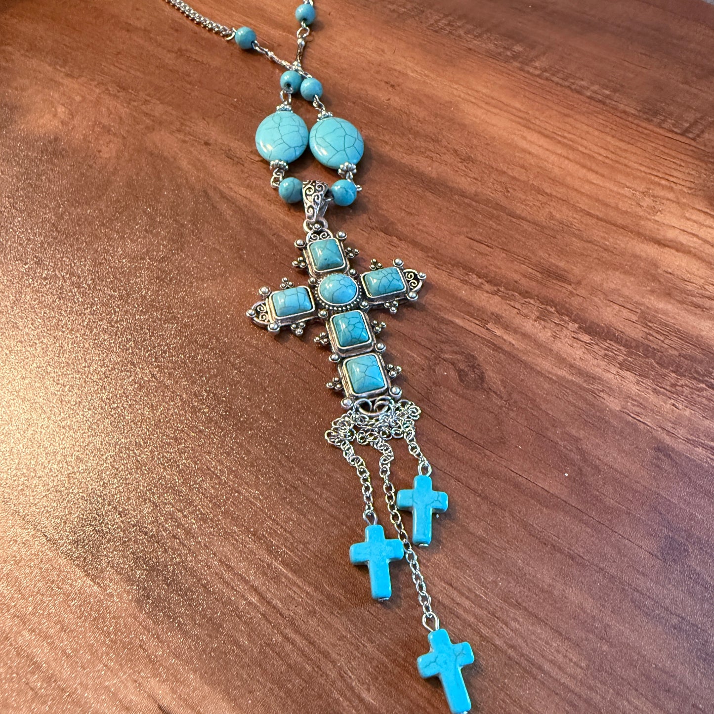 Turquoise Religion Cross Necklace With Tassel Extender 26 To 31 In
