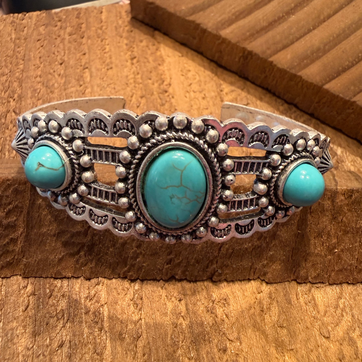 Navajo Style Turquoise Stone Laced Mixed Metals Cuff Bracelet