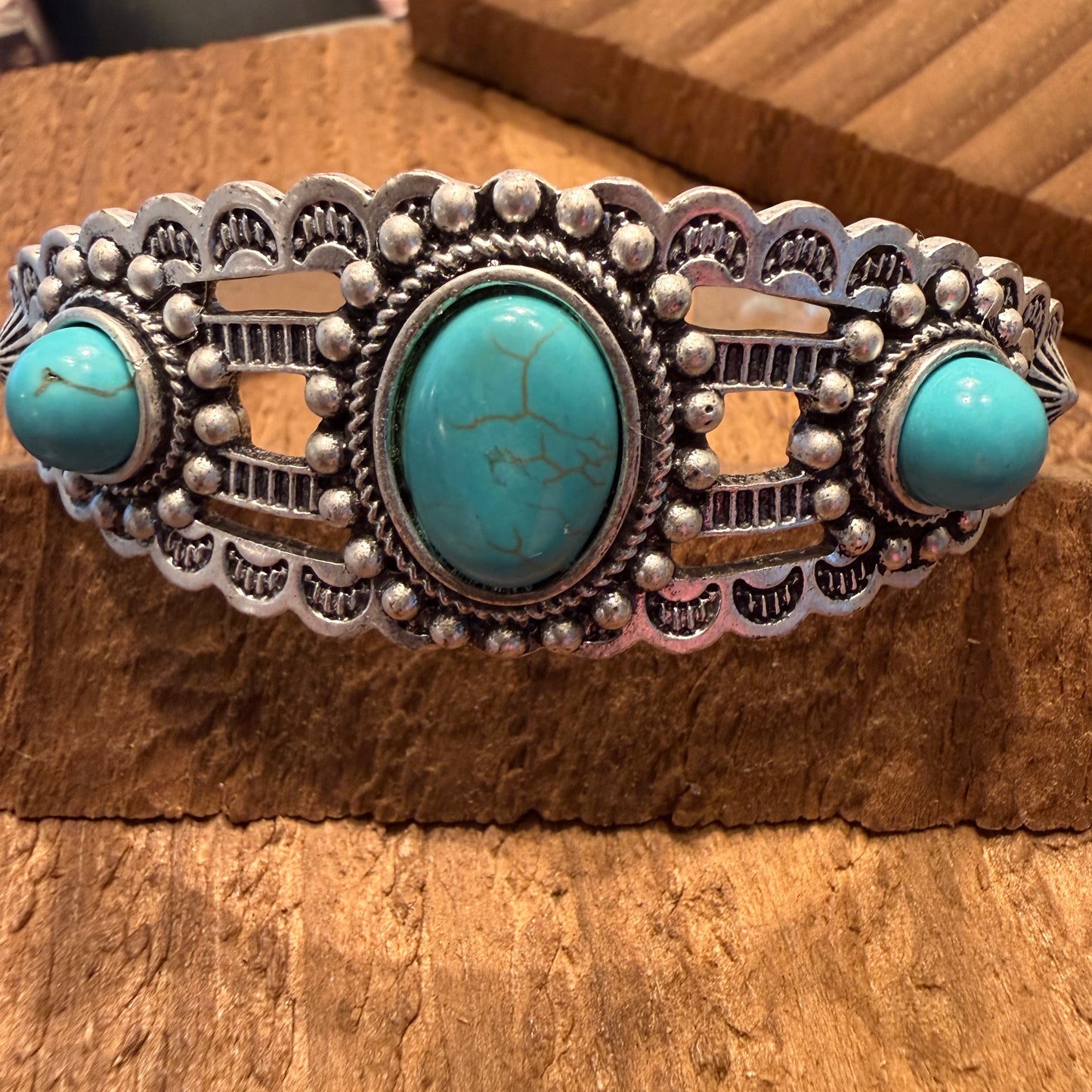 Navajo Style Turquoise Stone Laced Mixed Metals Cuff Bracelet