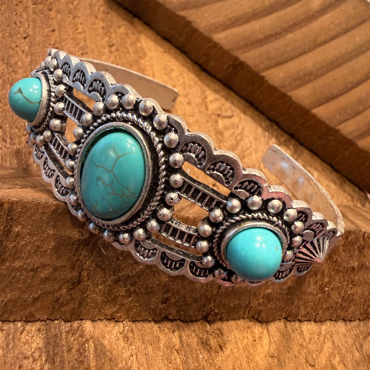 Navajo Style Turquoise Stone Laced Mixed Metals Cuff Bracelet