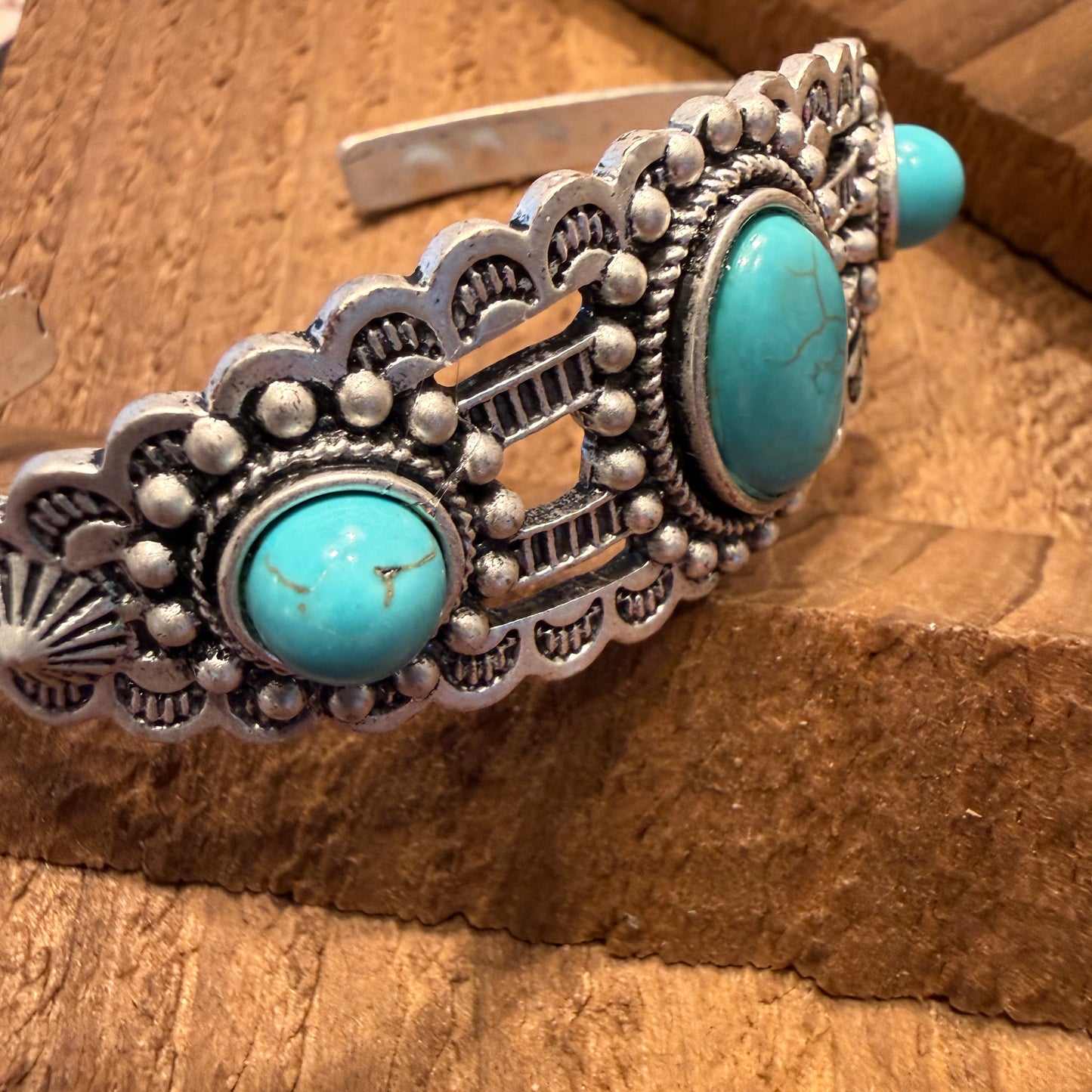 Navajo Style Turquoise Stone Laced Mixed Metals Cuff Bracelet
