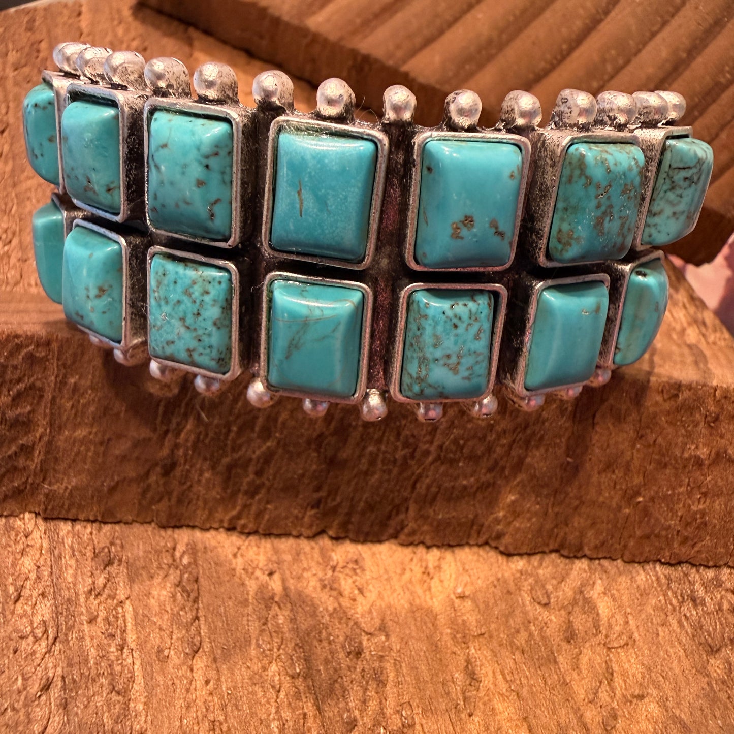 Navajo Style Double Row Turquoise Natural Stone Cuff Bracelet With Mixed Metals