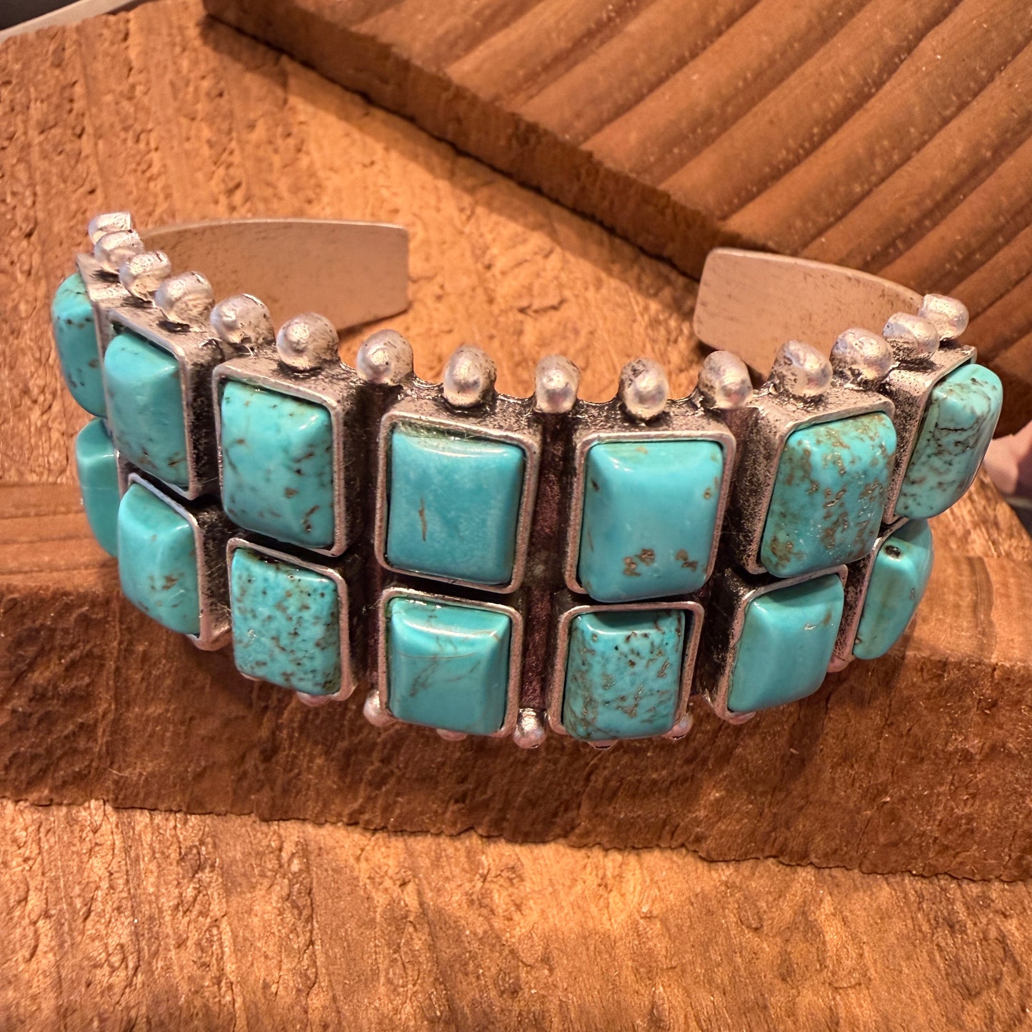 Navajo Style Double Row Turquoise Natural Stone Cuff Bracelet With Mixed Metals