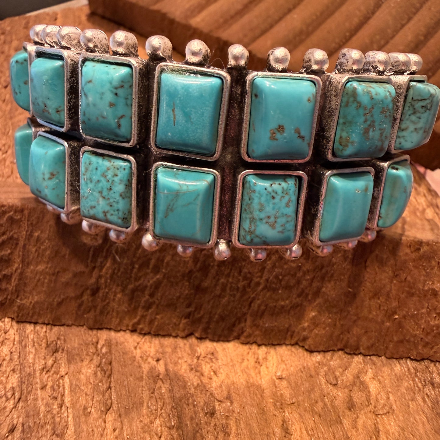 Navajo Style Double Row Turquoise Natural Stone Cuff Bracelet With Mixed Metals