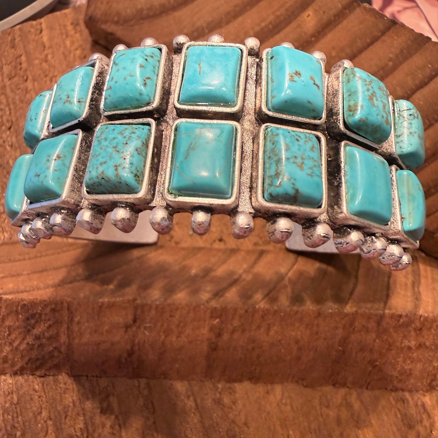 Navajo Style Double Row Turquoise Natural Stone Cuff Bracelet With Mixed Metals