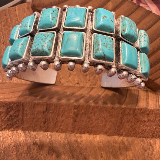 Navajo Style Double Row Turquoise Natural Stone Cuff Bracelet With Mixed Metals