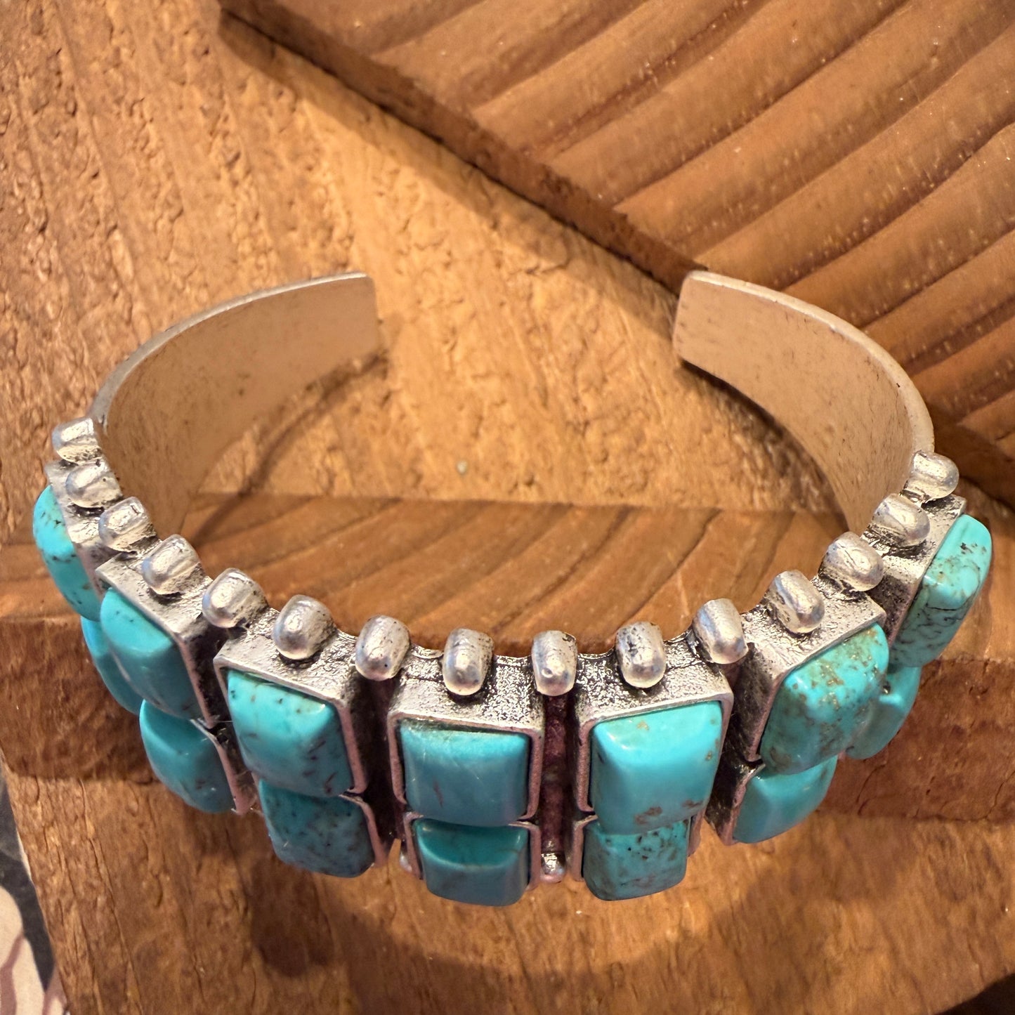 Navajo Style Double Row Turquoise Natural Stone Cuff Bracelet With Mixed Metals