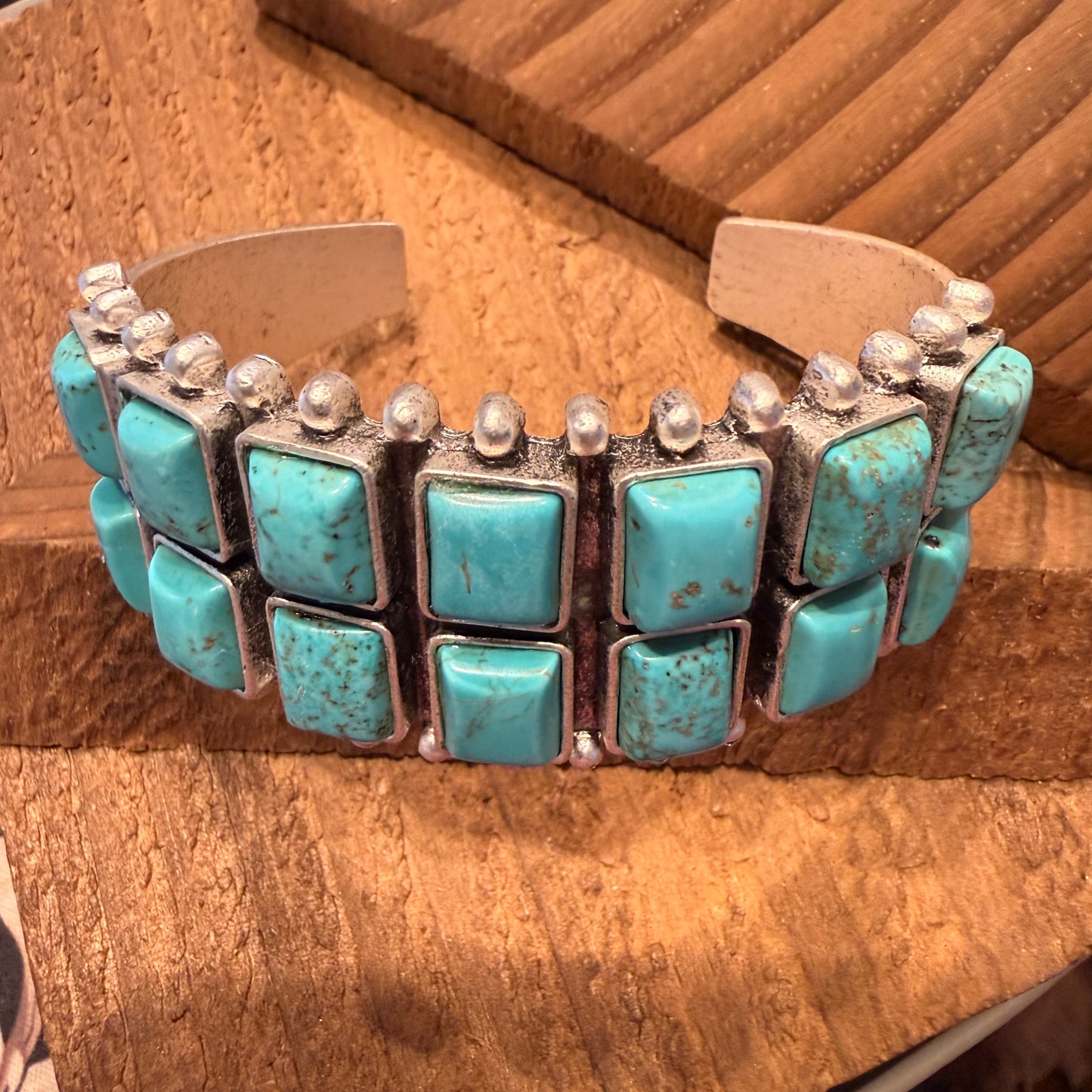 Navajo Style Double Row Turquoise Natural Stone Cuff Bracelet With Mixed Metals