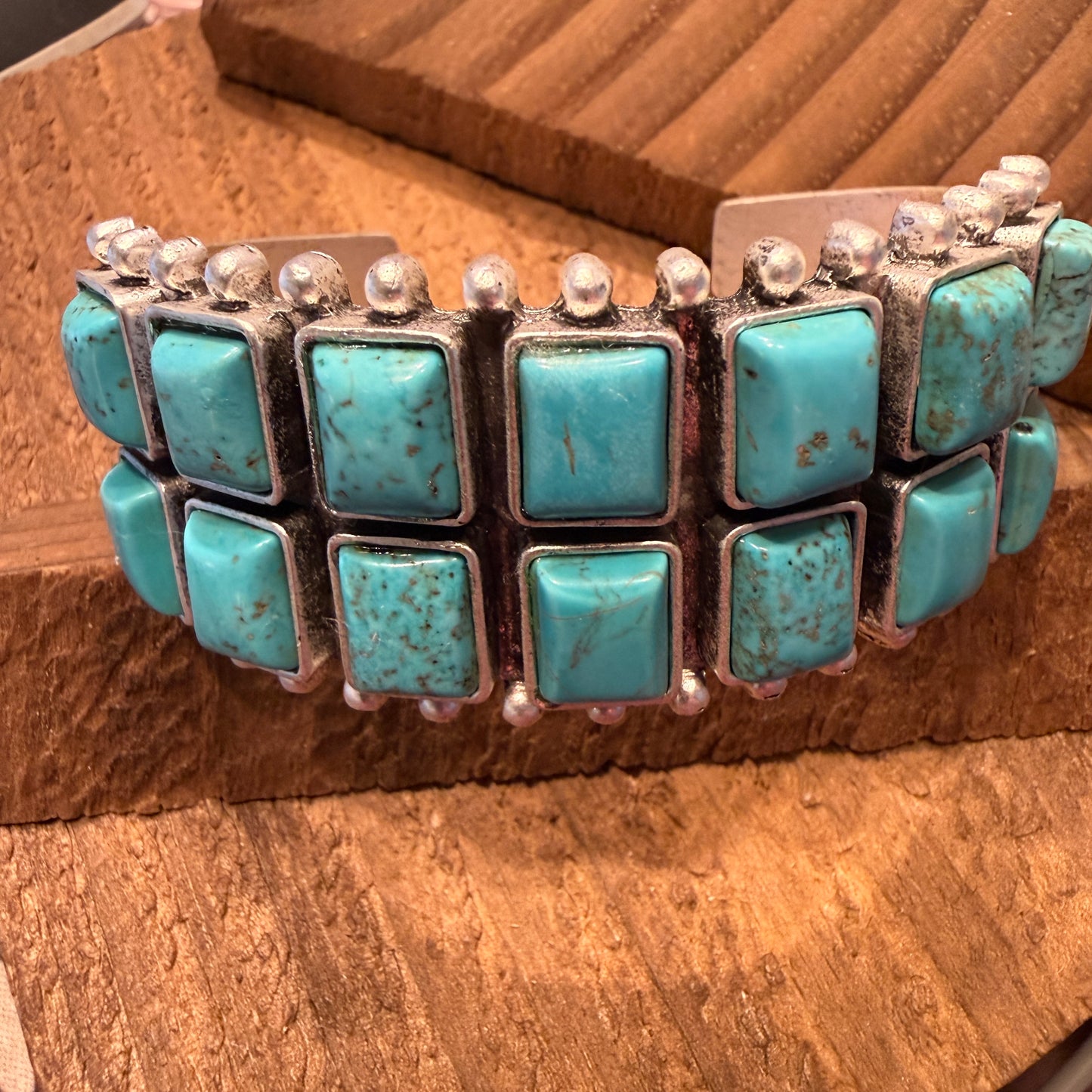 Navajo Style Double Row Turquoise Natural Stone Cuff Bracelet With Mixed Metals